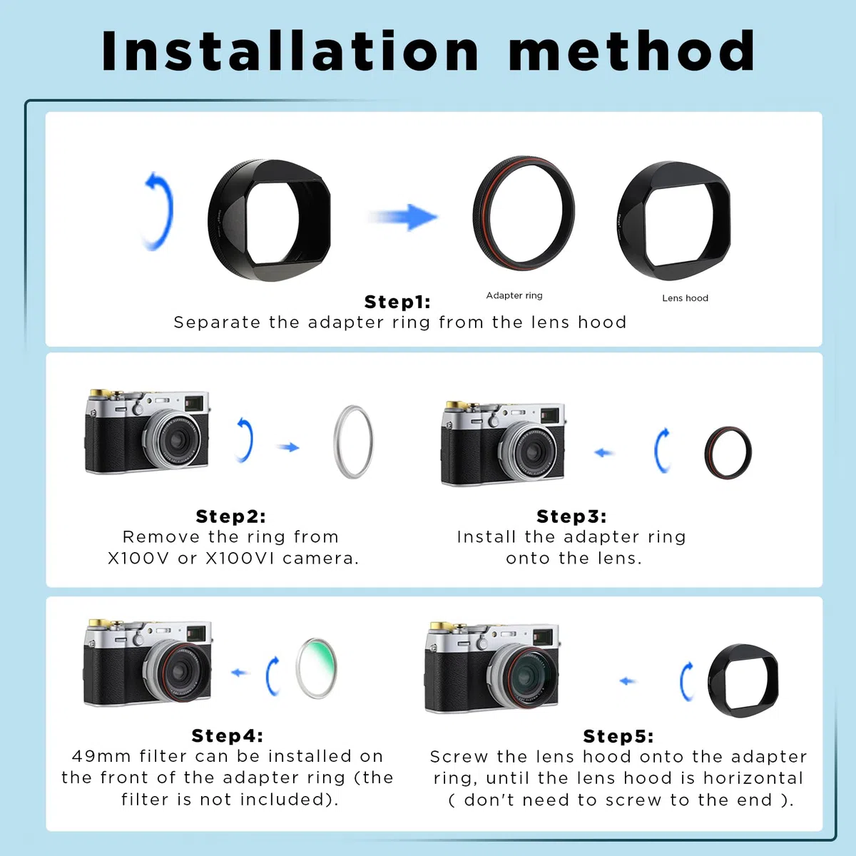 Haoge LH-X54B - Paraluce quadrato in metallo per fotocamera Fuji X100VI X100V, con anello adattatore filtro UV da 49 mm, colore: nero