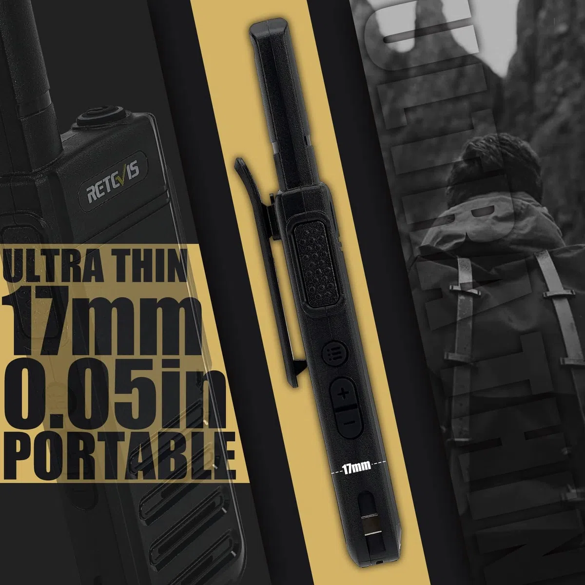 Retevis RB639 Walkie Talkie Professionali, 17mm Ultra Sottile Ricaricabile Ricetrasmittenti, 1000mAh, USB-C, Toni di Chiamata, VOX, Portatile Walkie Talkie para Tiendas (2 Pezzi, Nero)