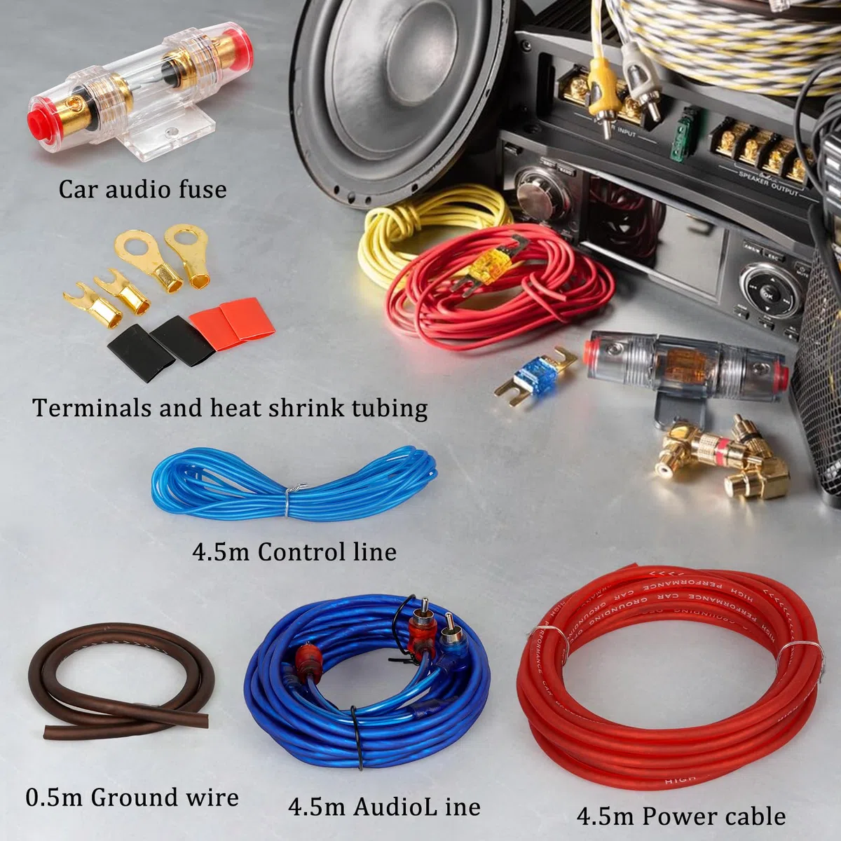 Set di Cavi per Amplificatori per Auto Kit di cavi per amplificatore 1500 W 8GA installazione stereo per auto subwoofer con fusibile,per Amplificatore Cablaggio Subwoofer Audio AMP RCA per Auto
