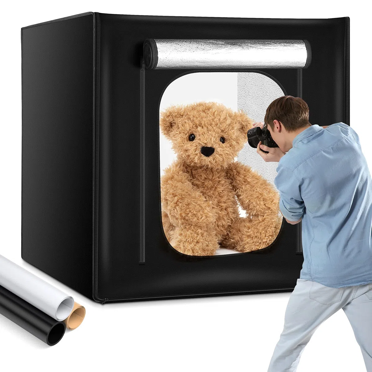 OMBAR Scatola Luminosa per Studio Fotografico Portatile, Dimmabile, LED, Tenda di Illuminazione per Shooting 80 x 80 x 80cm, Luminosità Regolabile, 3 sfondi Bbianco, Nero, Arancione)