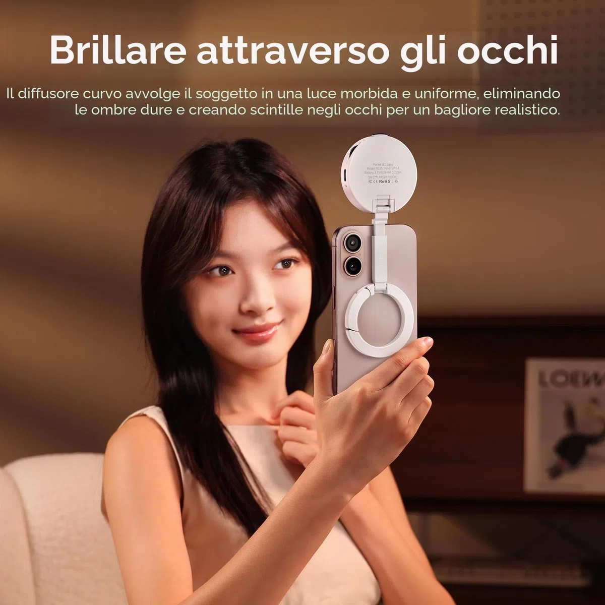 ULANZI ML05 Luce selfie per telefono, Luce ad anello magnetica per selfie con specchio, 9000K CRI≥97, Ring light portatile per smartphone ad angolo completo per viaggi, vlog, foto e video, Nero