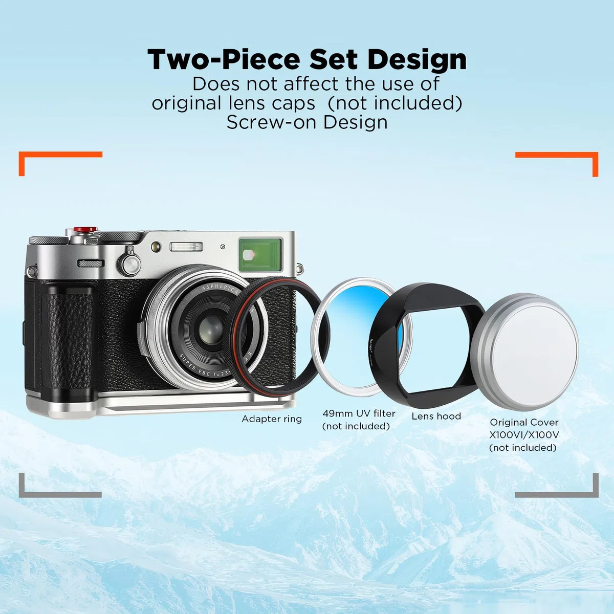 Haoge LH-X54B - Paraluce quadrato in metallo per fotocamera Fuji X100VI X100V, con anello adattatore filtro UV da 49 mm, colore: nero