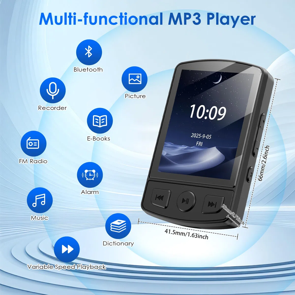 Gueray Lettore MP3 Bluetooth 64GB - Lettore Musicale Digitale Portatile con Clip, Audio HiFi, Radio FM Integrata, Altoparlante, Registratore Vocale e Supporto Scheda TF