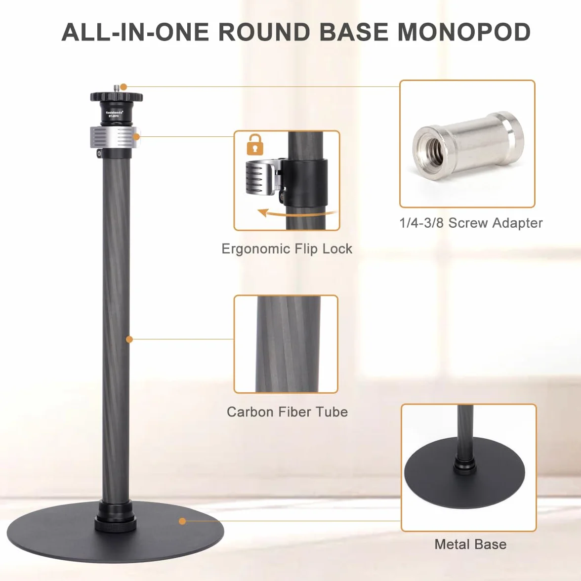 Koolehaoda Monopiede con Base Rotonda da 40-71cm, Monopiede da Tavolo, Tubo da 25mm in Fibra di Carbonio, Treppiede da Tavolo per Canon, Sony, Nikon Fotocamere e Luce Video (ST-2070)