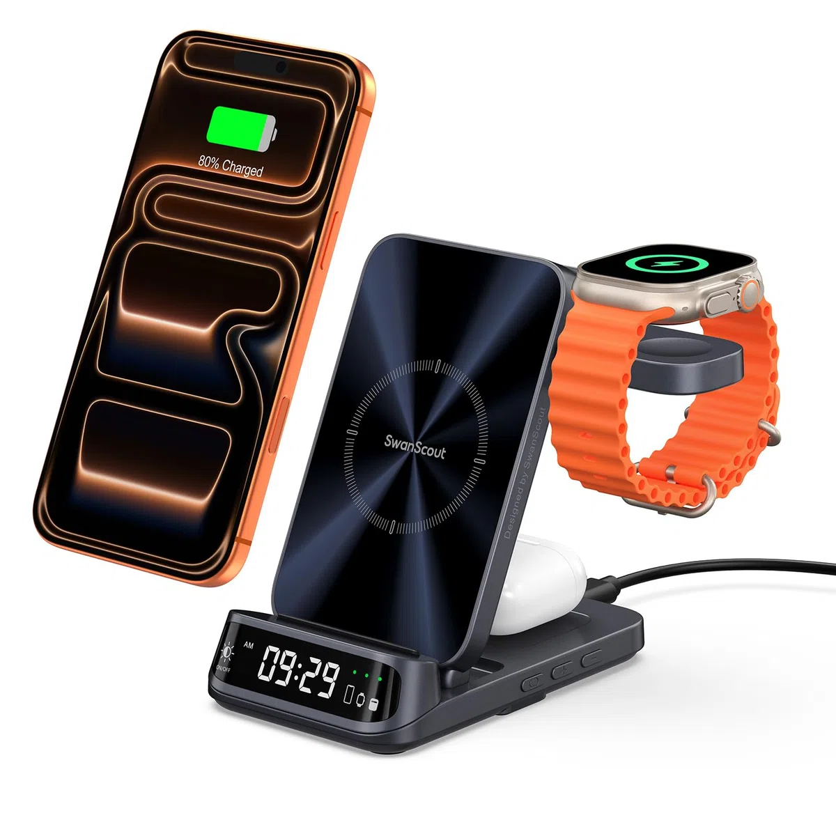 SwanScout Caricatore Wireless per iPhone, Stazione di Ricarica 3 in 1 per iPhone 17/Air/16/15/14/13/12, Base Ricarica per Apple Watch Ultra 3/11/10/9/8, per AirPods, SwanScout 708A (Senza Adattatore)