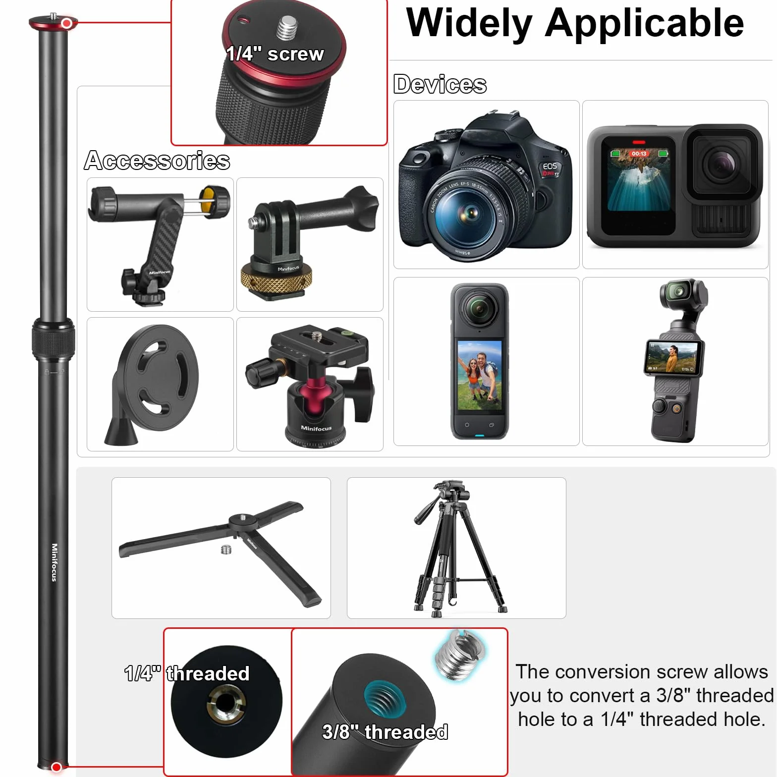 MINIFOCUS Prolunga per treppiede, colonne centrali a 2 sezioni, in lega di alluminio da 59,4 cm, asta telescopica con vite da 1/4" 3/8", compatibile con treppiedi/giunto cardanico/fotocamera, carico