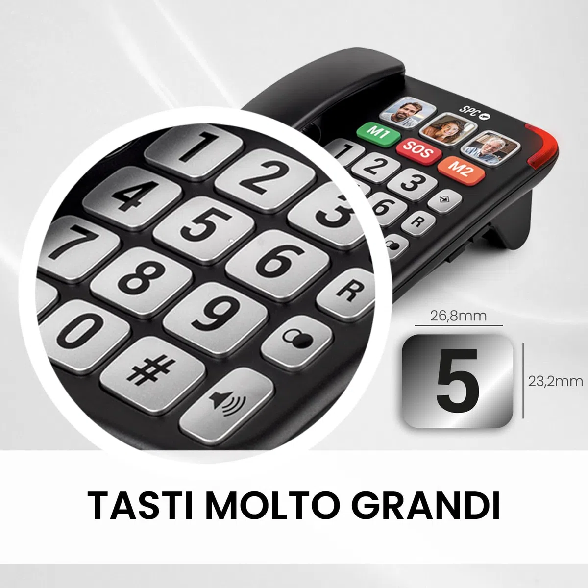 SPC Comfort Numbers Pro – Telefono fisso per anziani con tasti grandi e suoneria forte | Volume chiamata amplificabile +20dB | 6 memorie dirette, vivavoce | Compatibile con apparecchi acustici - Nero