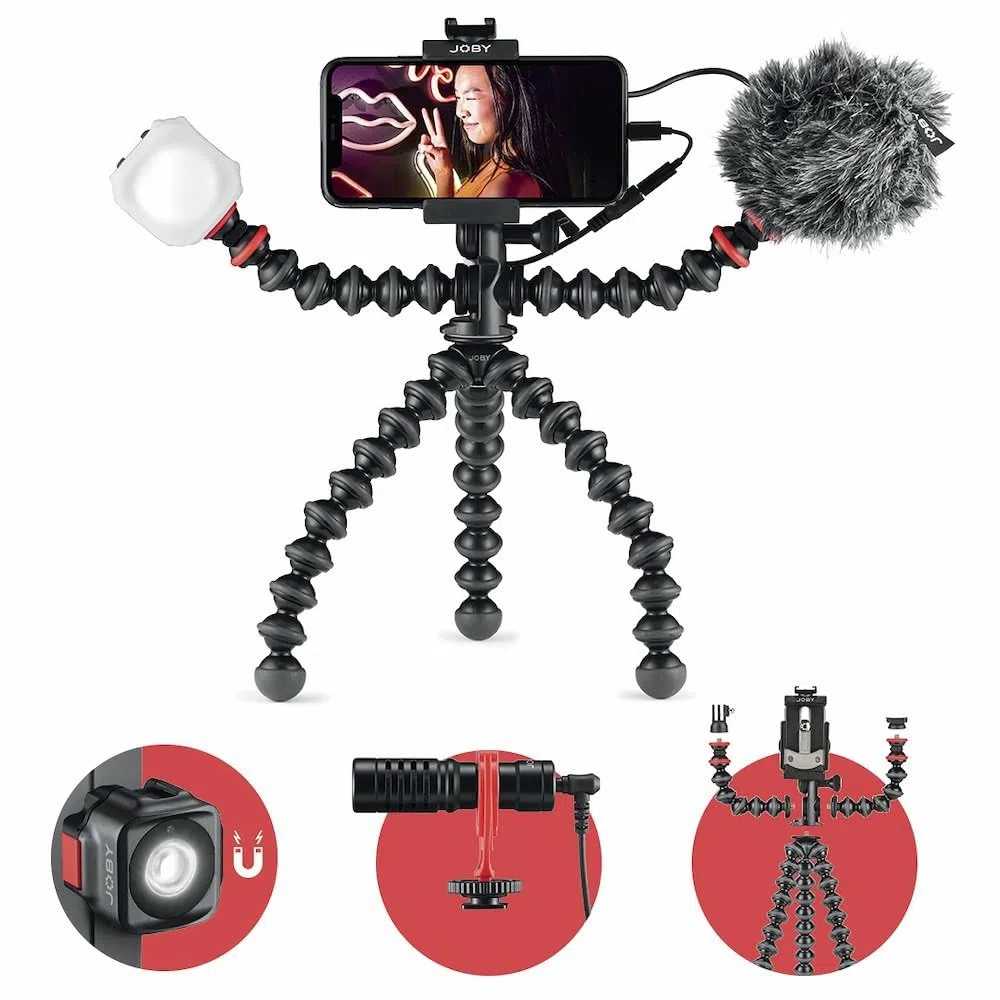 JOBY GorillaPod Mobile Vlogging Kit (Smartphone Support, Wavo Mobile Microphone, Beamo Mini Led Light), Flexible Tripod with Light, Vlogging,Streaming