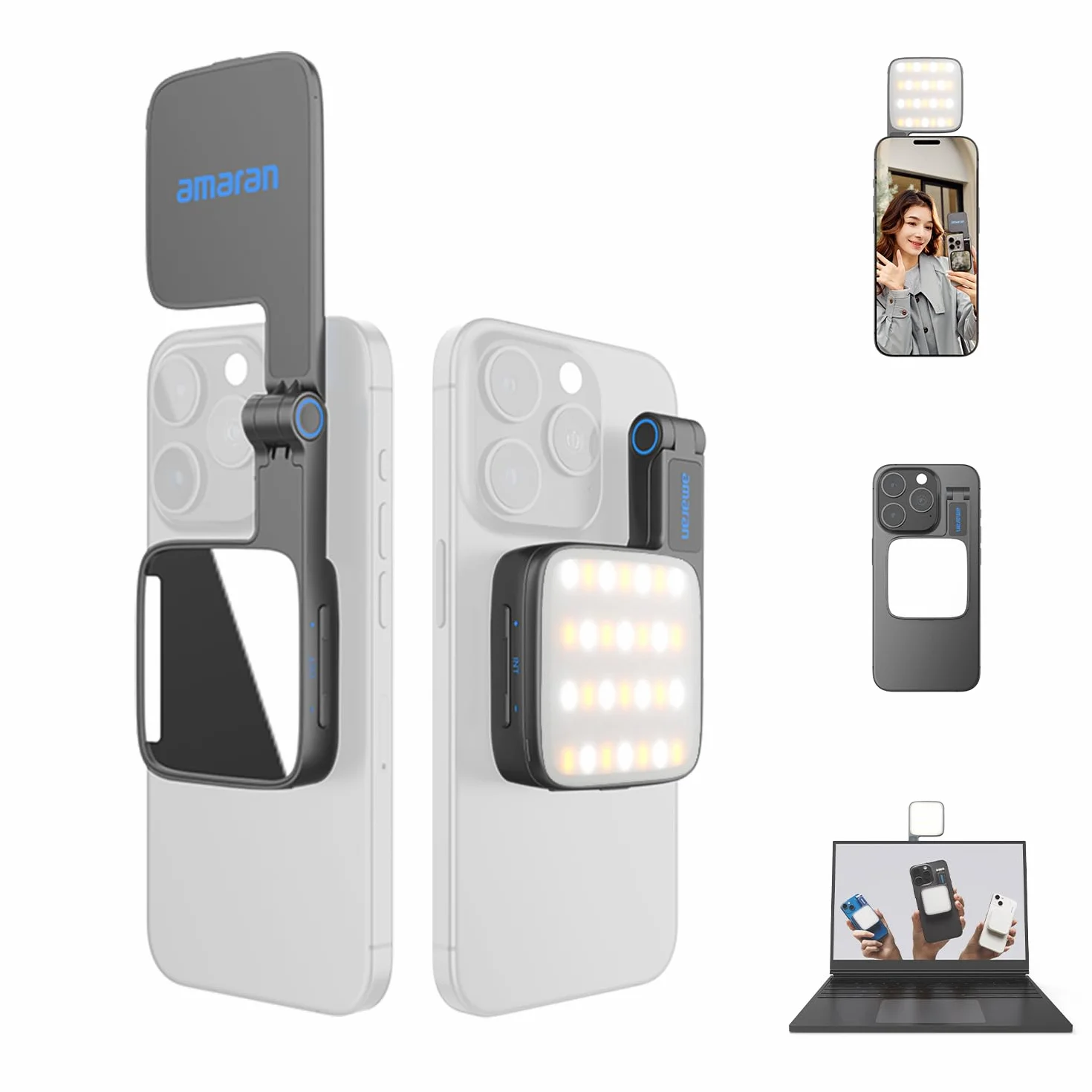 Amaran Go Mini Luce LED Magnetica, Doppia Luce a Specchio, CCT Regolabile 2700K-6500K, 10 Effetti, Ricarica Rapida USB-C