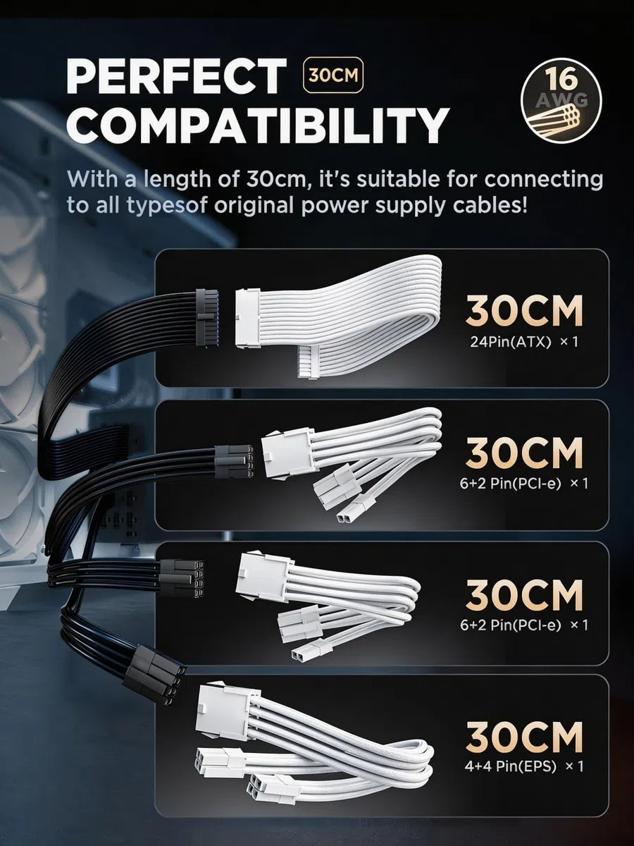 AsiaHorse 16AWG Prolunga Cavo PSU, Alimentatore Cavi per GPU/CPU, Cavi Alimentatore Computer con Pettini, Cable Management PC 24 Pin/(6+2) Pin/(4+4) Pin, 30 cm Cavo Di Estensione, Bianco Puro