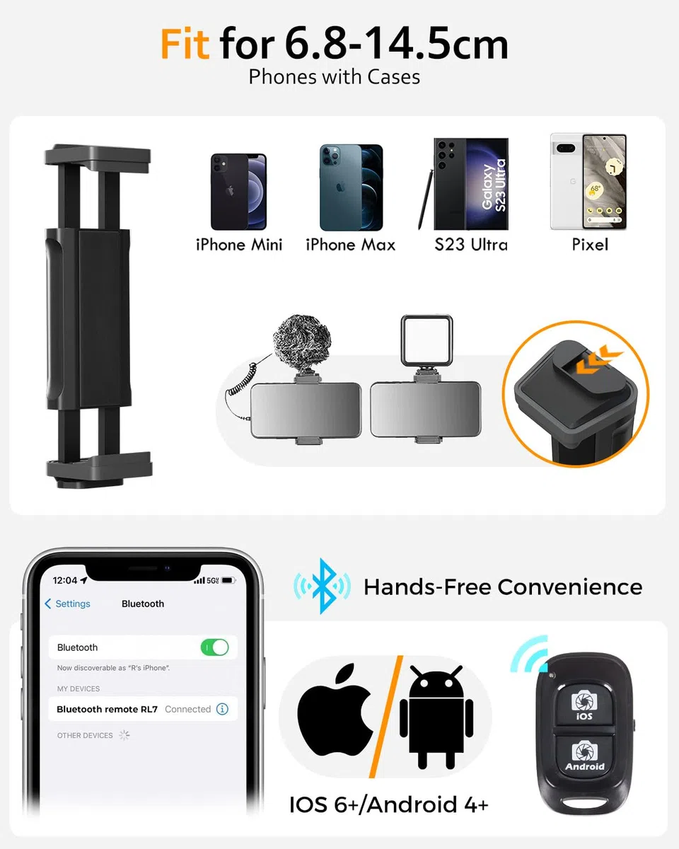 Aureday Supporto per cellulare da 88" per selfie con tubo flessibile da 14,95", telecomando Bluetooth e supporto per telefono cellulare, supporto per iPhone, telefoni Android e fotocamere