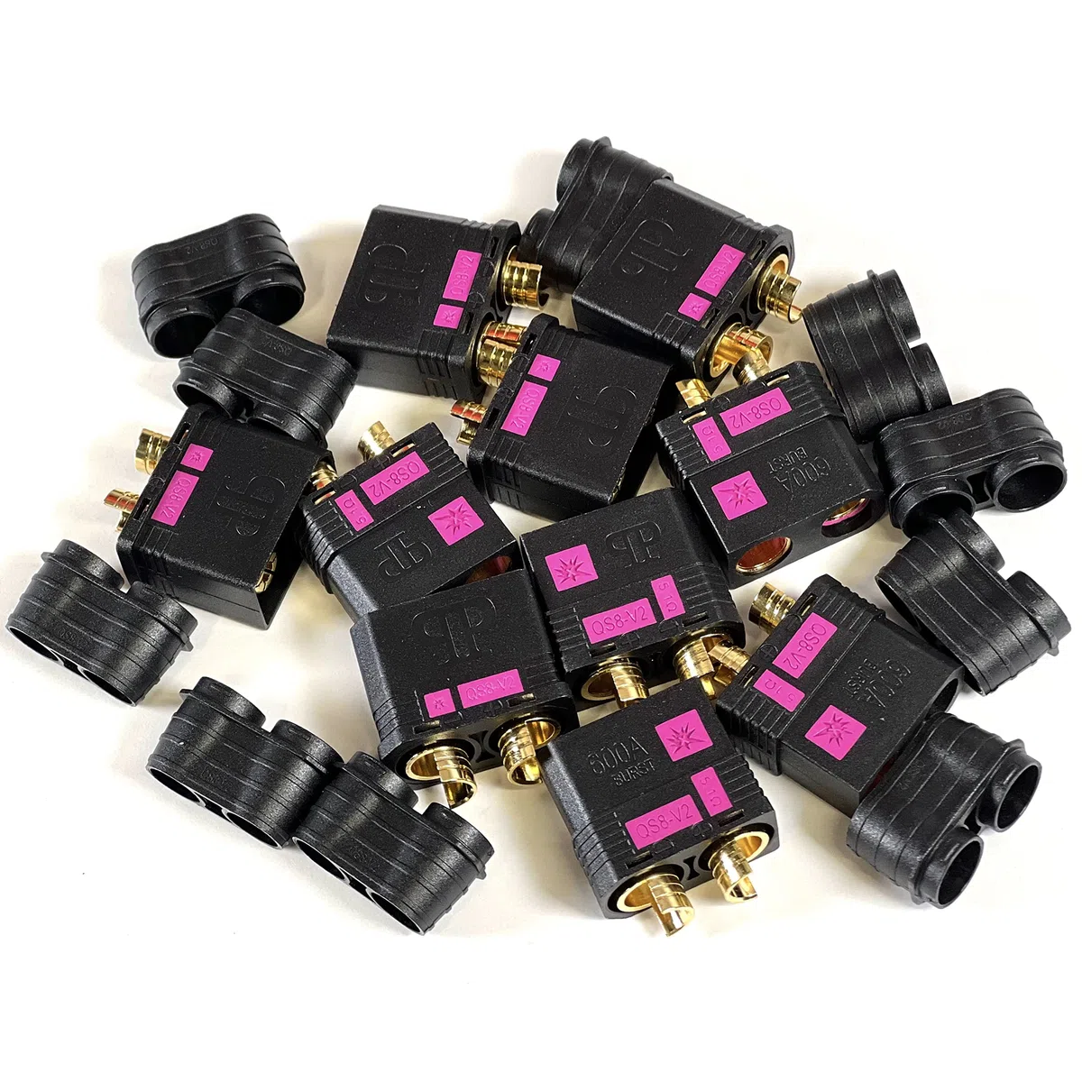 Perfect Pass QS8-V2 - Set di connettori anti-scintilla (5 pezzi) maschio e femmina + coperture per cavi (4 pezzi x 5) / nuova versione migliorata del connettore QS8-S / 600A Burst/proiettili da 8 mm