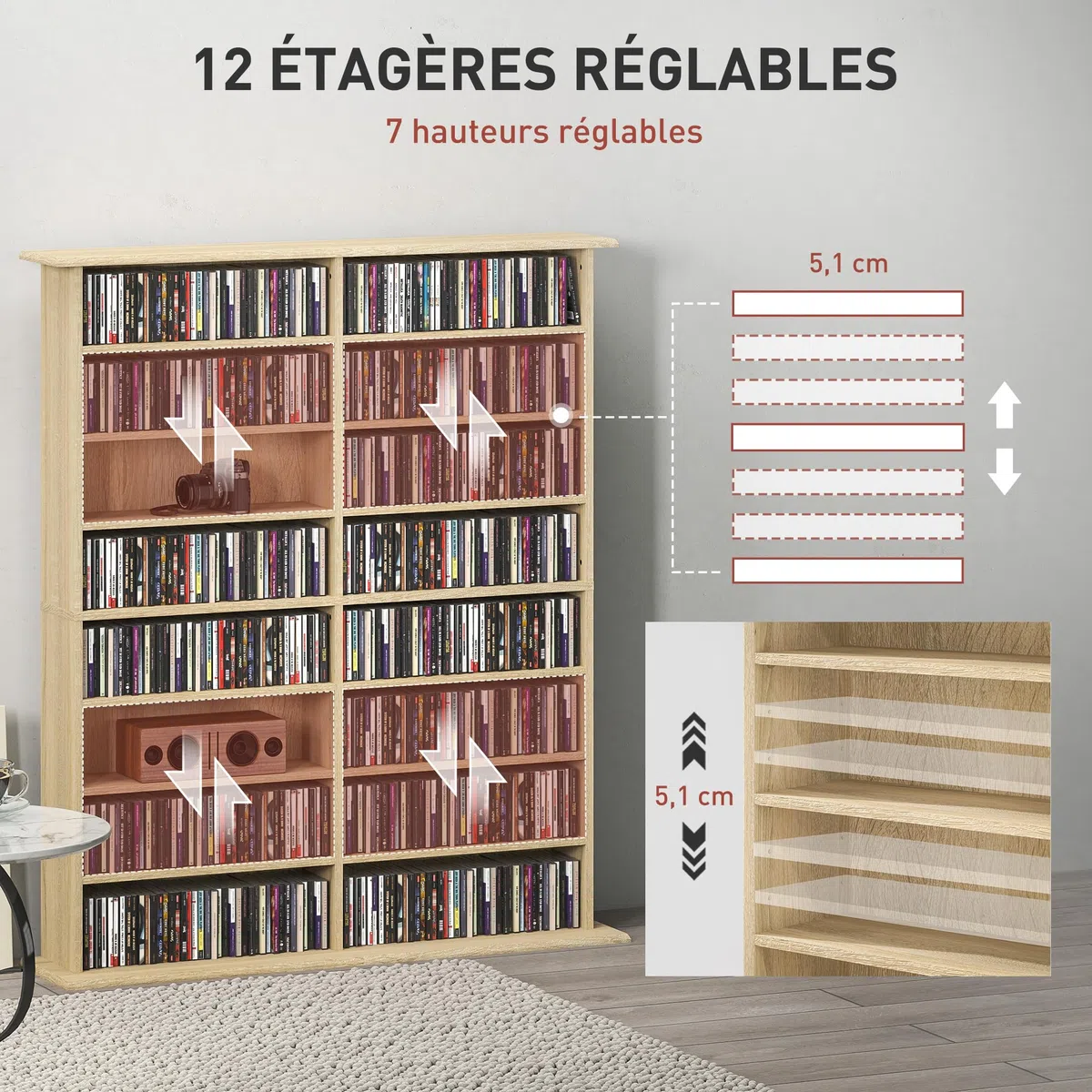 HOMCOM Contenitore per CD e DVD, contenitore multimediale con 16 scomparti e 12 ripiani regolabili, capacità massima 720 CD/396 DVD e Blu-ray, 106,5 x 24 x 123,7 cm, legno naturale