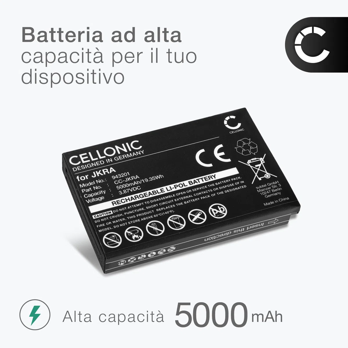 CELLONIC 1x Batteria per Terminale di pagamento/POS Compatibile con Sunmi L2Ks, T8A-10, JKRA – (5000mAh, 3.87V)