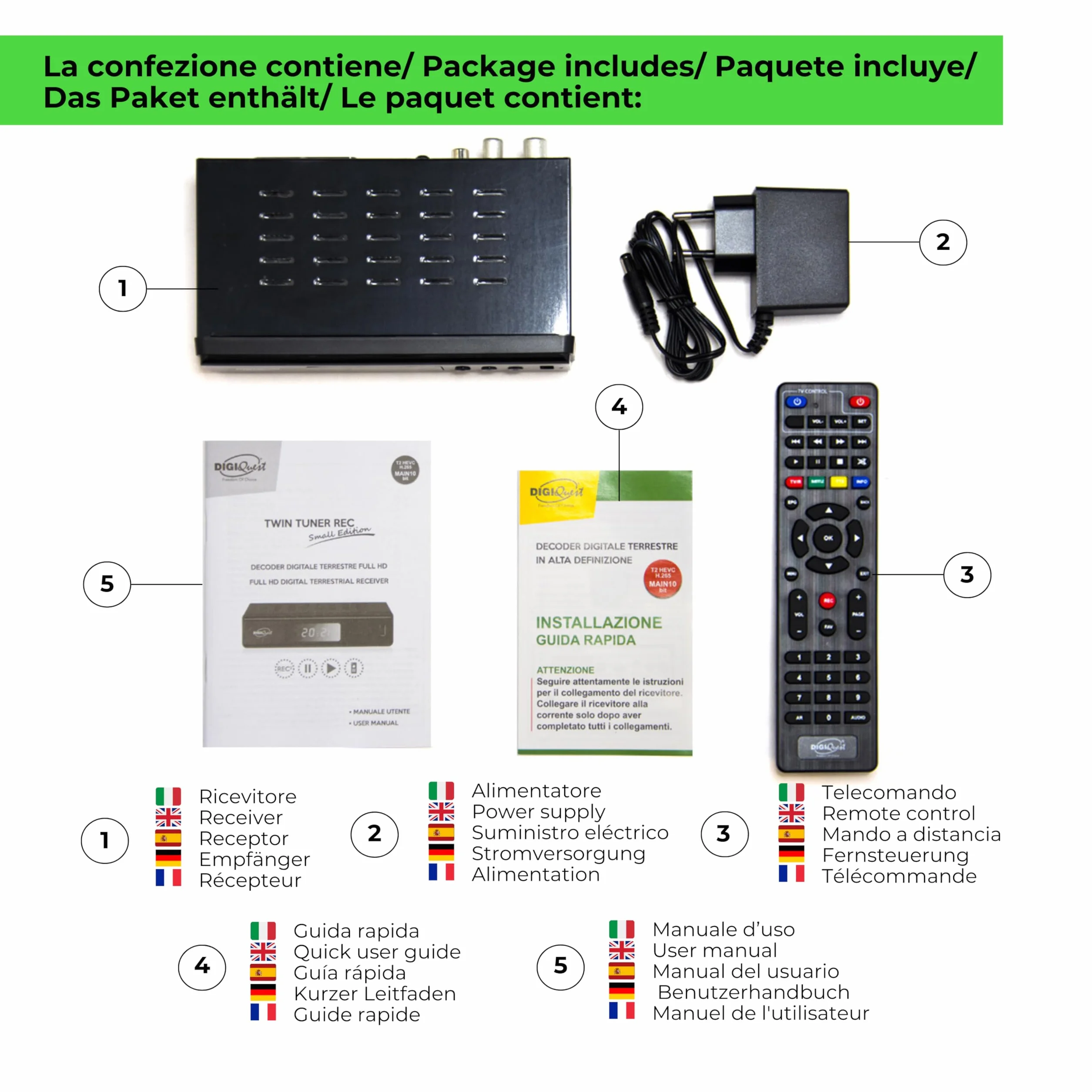 Digiquest Twin Tuner REC - Decoder Digitale Terrestre DVB-T2, Full HD, Funzione di Videoregistratore, Timeshift, Alimentazione 12V, Small Edition, Compatto, Nero