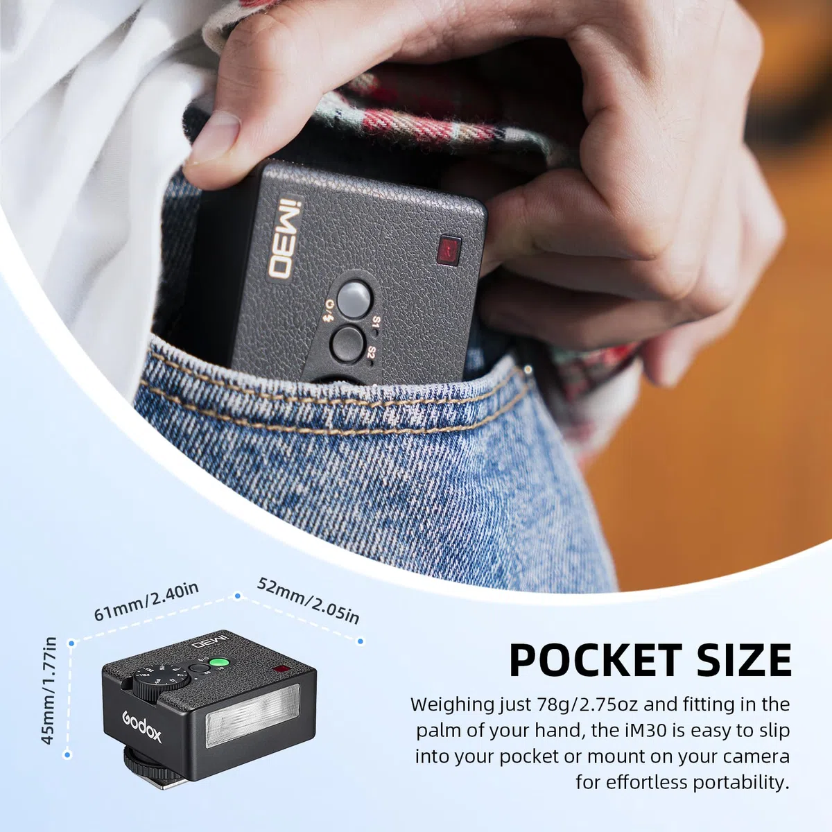GODOX iM30 Mini Flash GN15 CCT 6500K Tempo di Riciclo 3.6s iFlash con 7 Livelli Potenza, On-Camera Flash Speedlite per Sony Canon Nikon Fuji Olympus Fotocamere