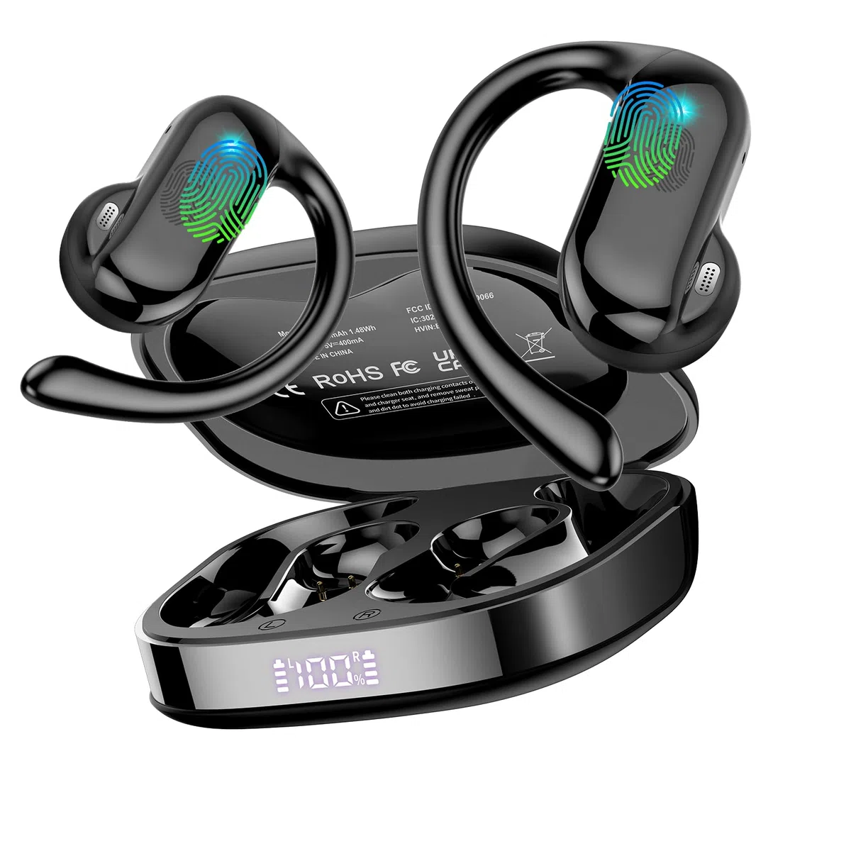 Cuffie Open-Ear, 42 Ore Auricolari Sportivi Bluetooth 5.4 con ENC Mic e Gancio Auricolare Air, IPX7 Cuffie Bluetooth con Display LED per Fitness/Corsa/Ciclismo, Controllo Touch, iOS Android
