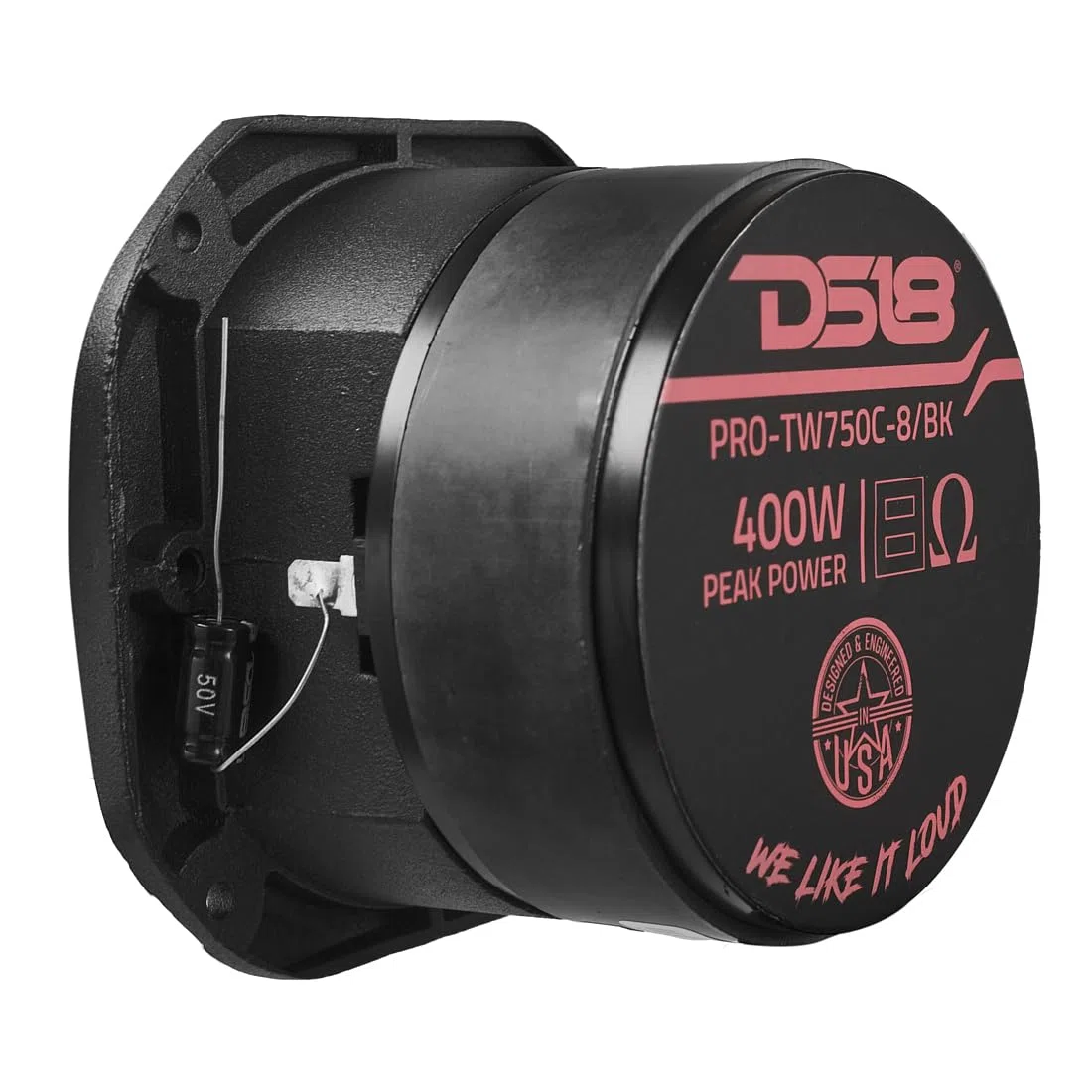 DS18 PRO-TW750C-8/BK Super Bullet Tweeter da 10,2 cm con bobina vocale in titanio da 3,8 cm e magnete in ferrite oversize da 200 Watt 8 Ohm, nero, singolo