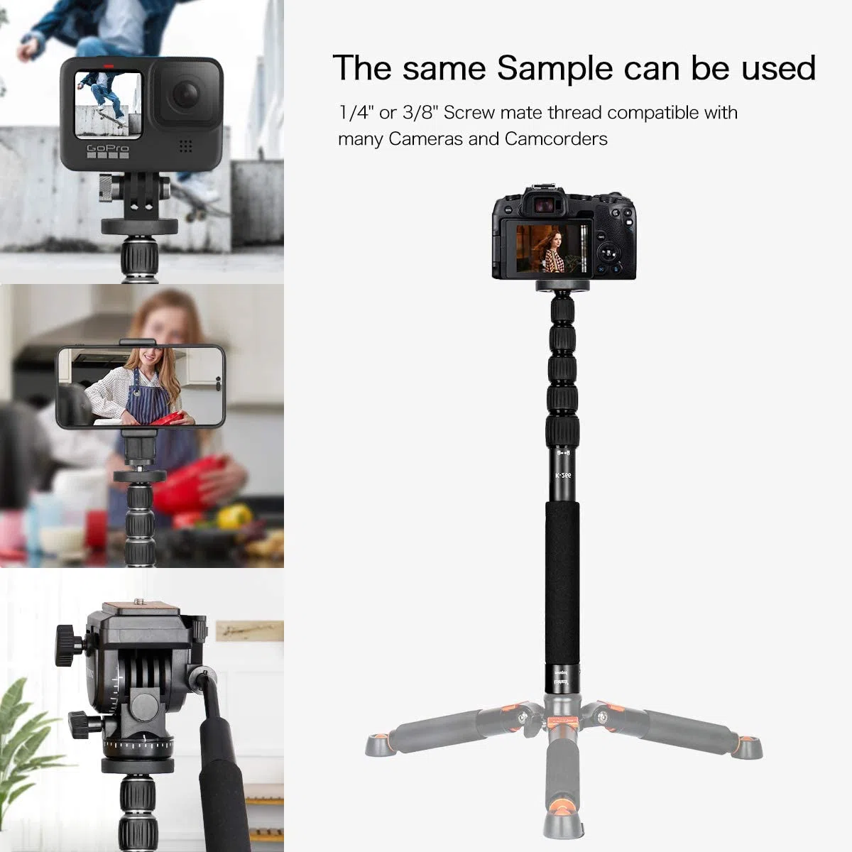 koolehaoda Fotocamera Monopiede 6 sezioni Compatto portatile Fotografia Lega di alluminio Unipiede Stick, max. Caricare 10 kg, la dimensione pieghevole è di soli 39 cm (nero)