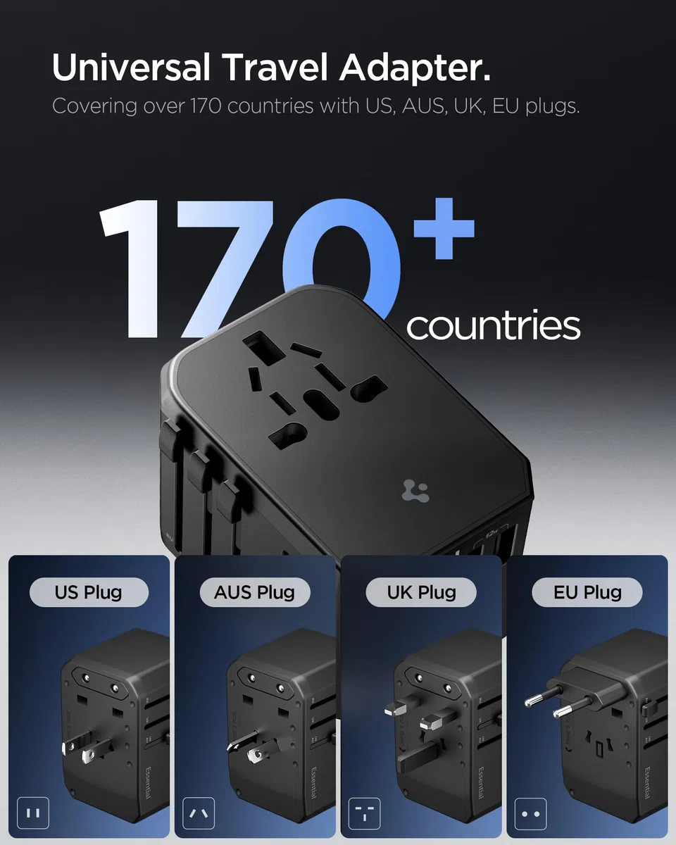 Spigen ArcStation Adattatore Universale da Viaggio 70W [5-Porte & PD] con 3 USB C e 2 USB A, Presa Universale da Viaggio per Inglese/Americana/Australia/Giappone, Viaggio Accessori Utili - Nero