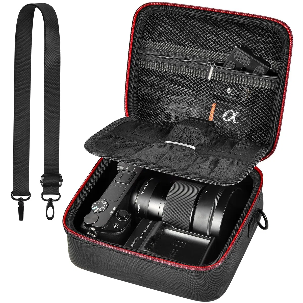 casmilee Custodia per fotocamera digitale mirrorless Sony Alpha ZV-E10 Alpha a6400/ a6700/ a6100/ a6000/ a6600/ a6500, borsa da viaggio rigida con tracolla per obiettivi e accessori (nero, M)