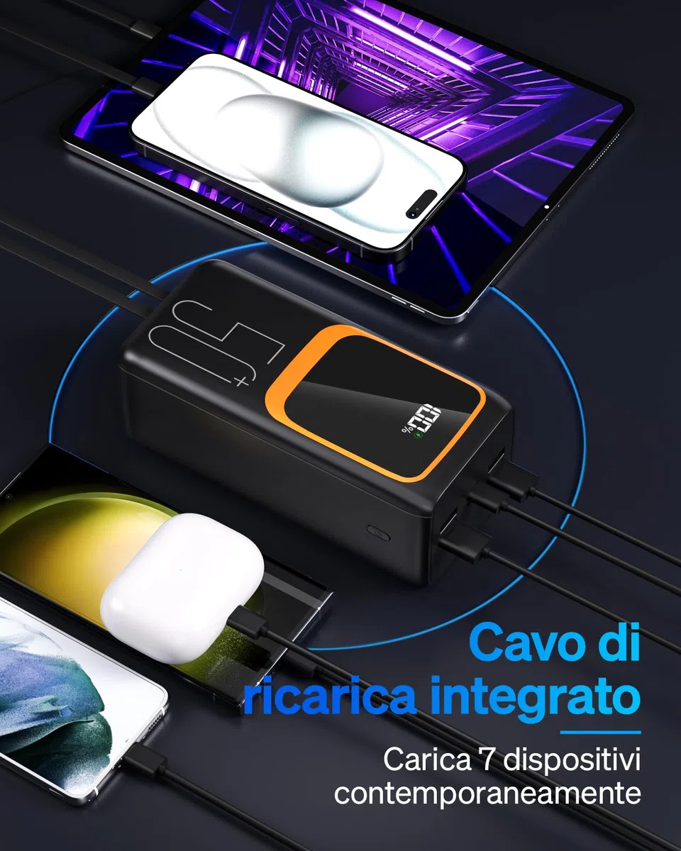 Power Bank 50000 mAh con cavo integrato: batteria esterna a ricarica rapida da 22,5 W con grande capacità, caricabatterie portatile con torcia LED e 7 uscite e 3 ingressi-con cavo integrato