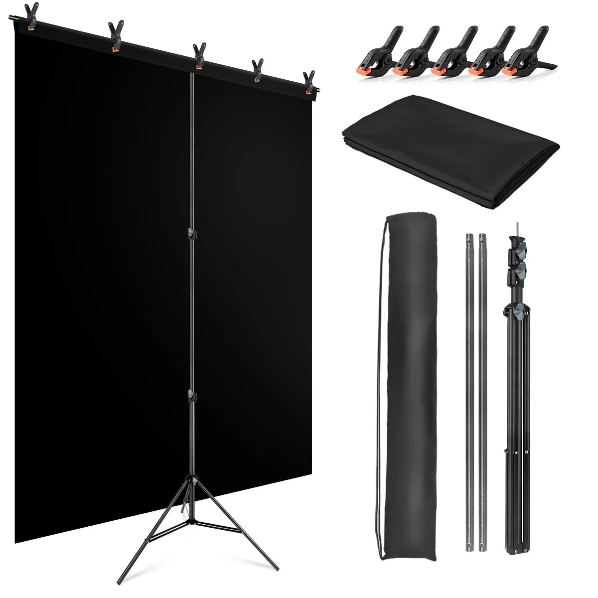 Greenscreen con Supporto, 1,5 x 2 m, Supporto per Foto Regolabile, Sfondo Nero, 1,5 x 2 m, con 5 Morsetti e Borsa per lo Streaming Gaming, Servizi Fotografici, Prodotto Fotografico, Video