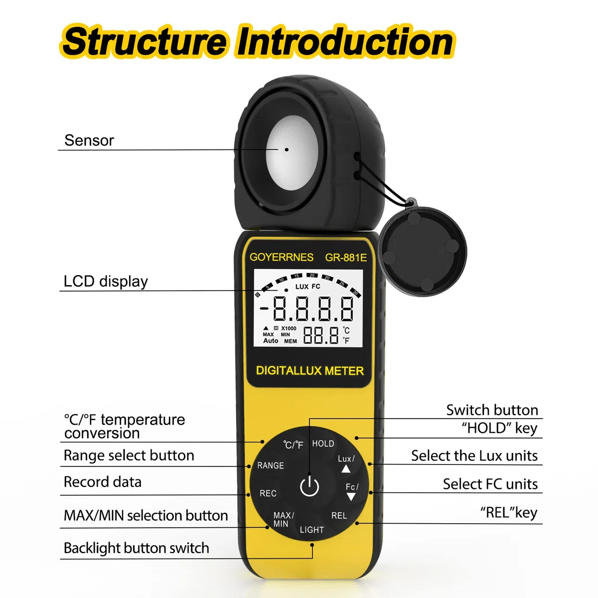 Misuratore di illuminazione digitale, misuratore di lux GR-881E portatile per l'illuminazione a temperatura ambiente misura fino a 300.000 Lux fotometro con rilevatore ruotabile di 270º.