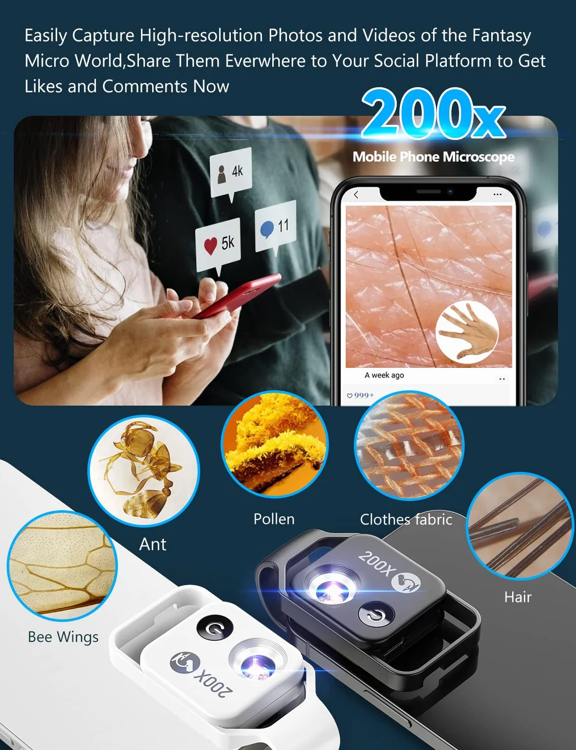 APEXEL Microscopio USB 200X, microscopio USB con microscopio per adulti per esplorare Micworld con luce LED (bianco)