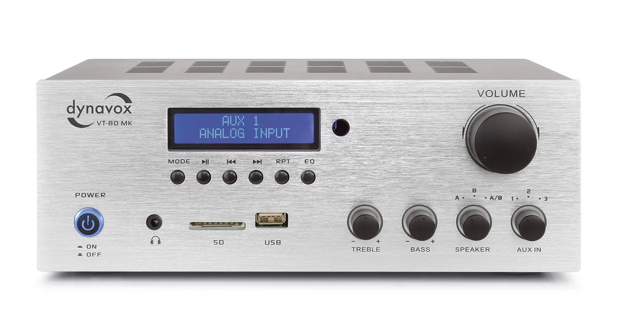 Dynavox VT-80 MK amplificatore stereo compatto, 4 terminali di altoparlanti a vite, telecomando per ingressi digitali (USB, scheda SD), antenna BT integrata e radio FM, argento