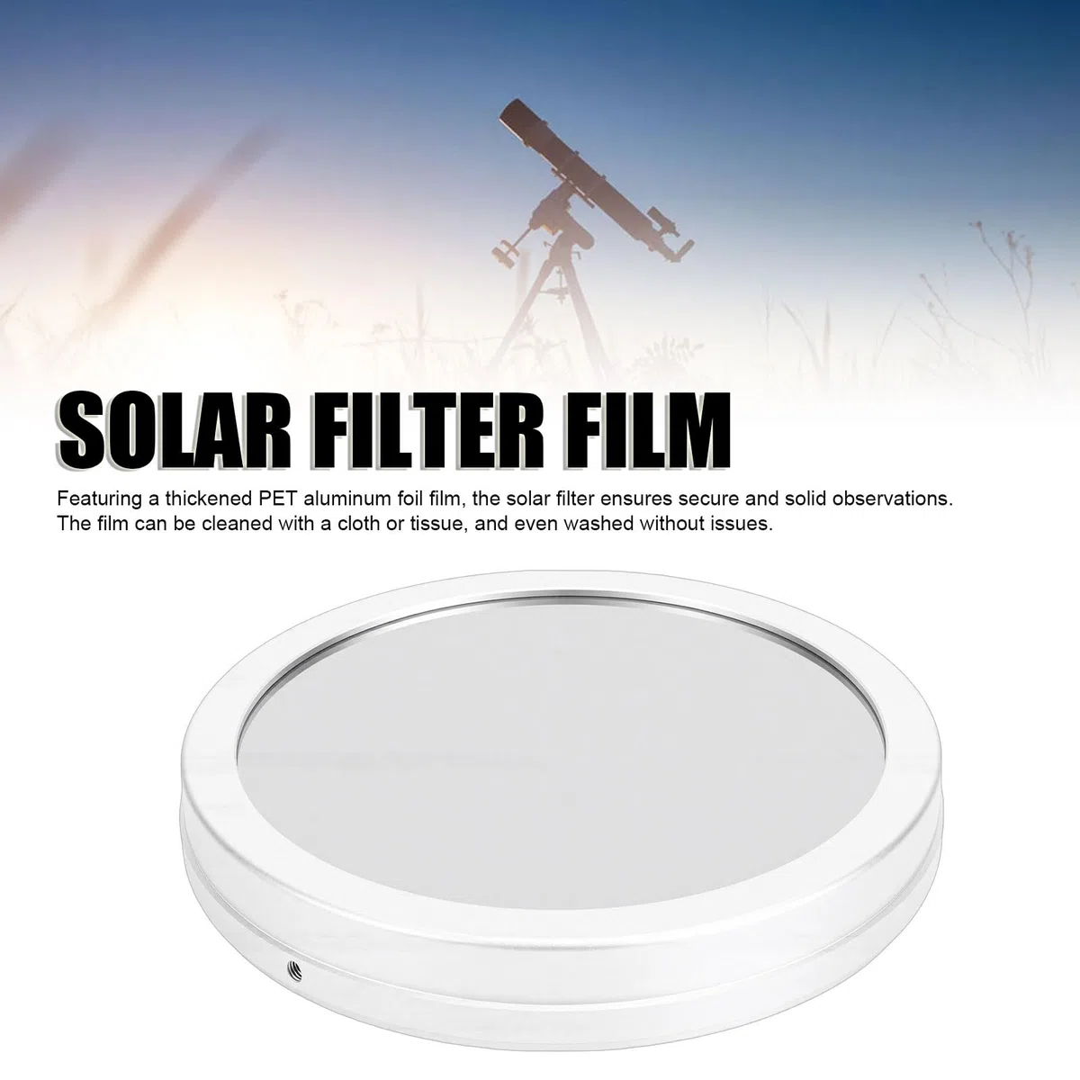 LICAEVEY Filtro Solare per Telescopio, Foglio di Alluminio Rivestito in PET Pellicola di Sicurezza per Telescopio Tappo Filtro Solare Custodia in Alluminio per Obiettivo da 66 a 116 Mm