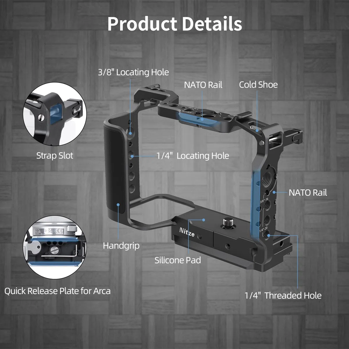 Nitze ZV-E10 II Cage, gabbia per fotocamera Sony ZV-E10 II, con 2 guide NATO integrate, scarpa Cold Shoe, impugnatura ergonomica, piastra a sgancio rapido per Arca-Swiss T-S14A