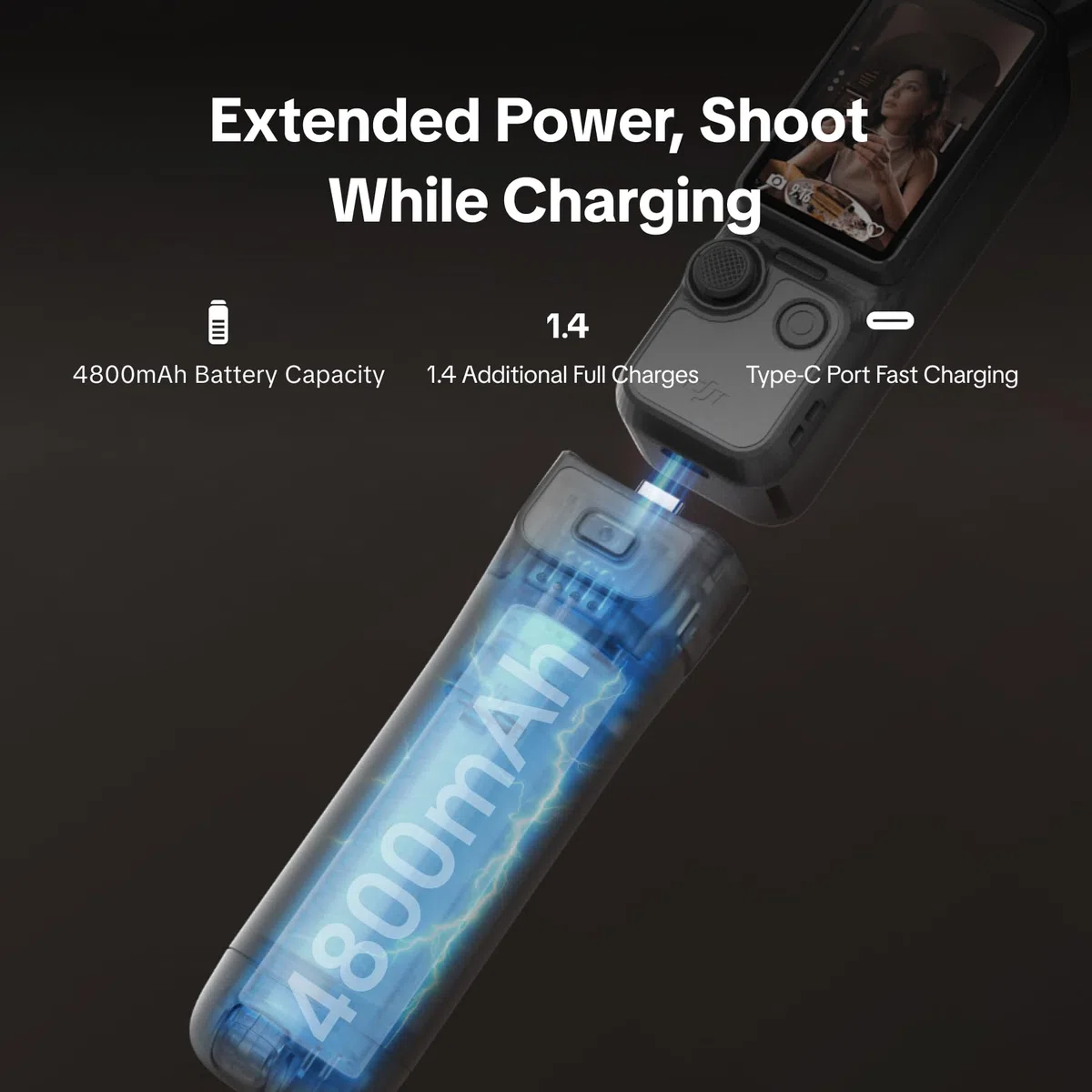PGYTECH Impugnatura Batteria per DJI Osmo Pocket 4/3, 4800mAh Power Bank con Mini Treppiede Integrato, Accessorio di Ricarica Type-C con Filettatura 1/4"