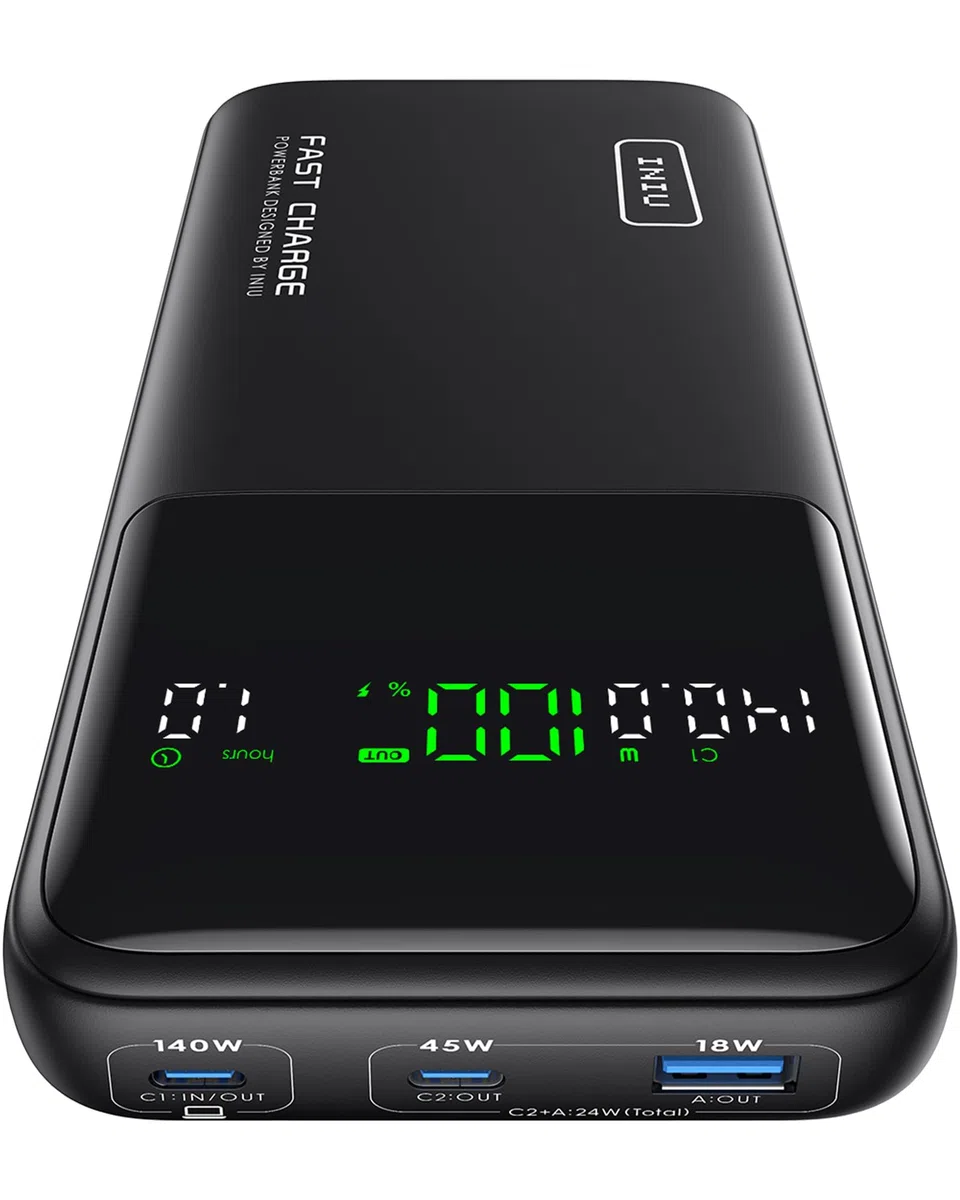 INIU Power Bank 27000mAh 140W, Caricatore Portatile per Laptop con Cavo Incorporato e Display Digitale, 3 Porte Ricarica Rapida, Batteria Esterna per MacBook iPhone Steam Deck iPad Samsung