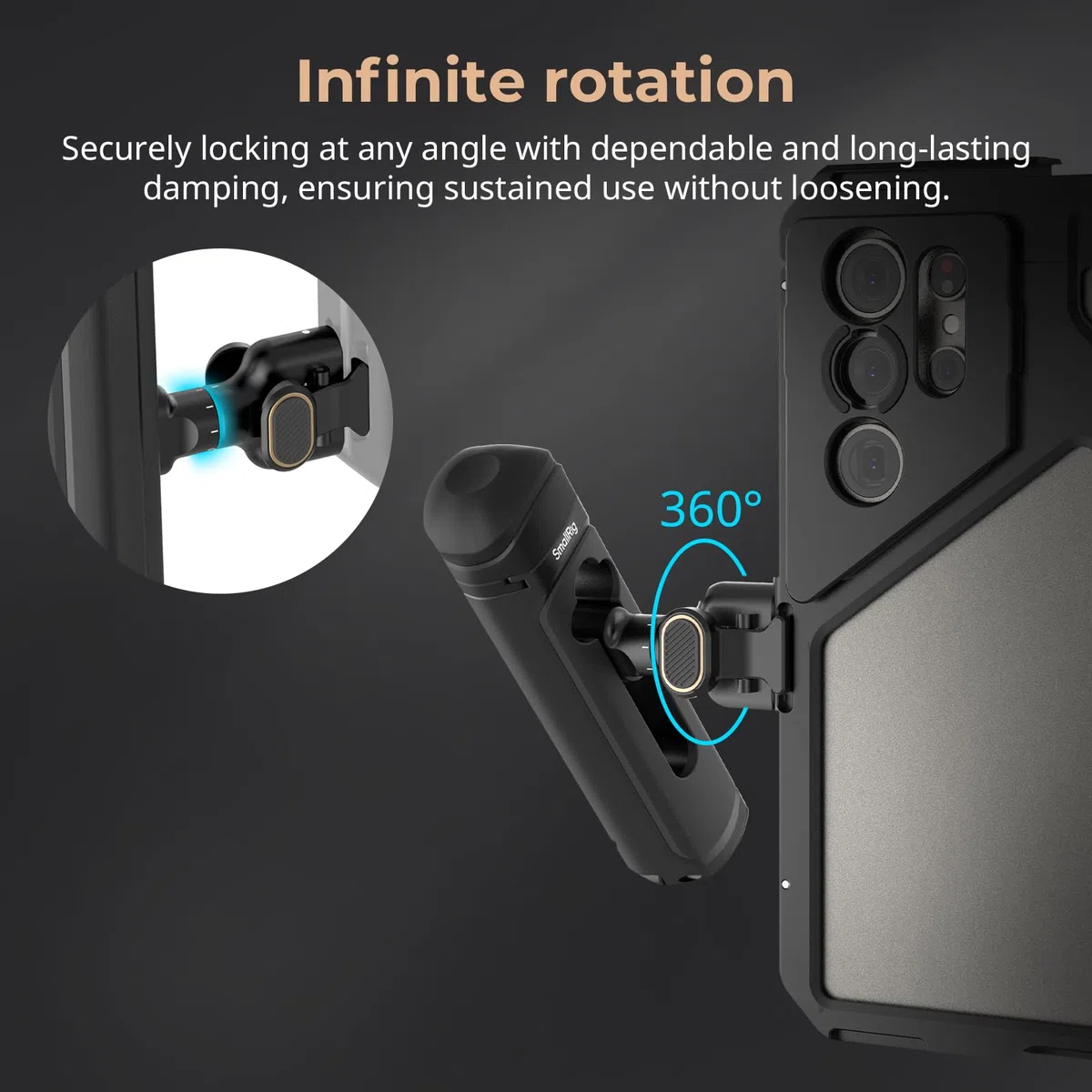 SMALLRIG Rotatable Quick Release Side Handle for Phone Cages, Aluminum Phone Cage Handle Grip with Infinite Rotation, Built-in Cold Shoe and Adapter - 4403B