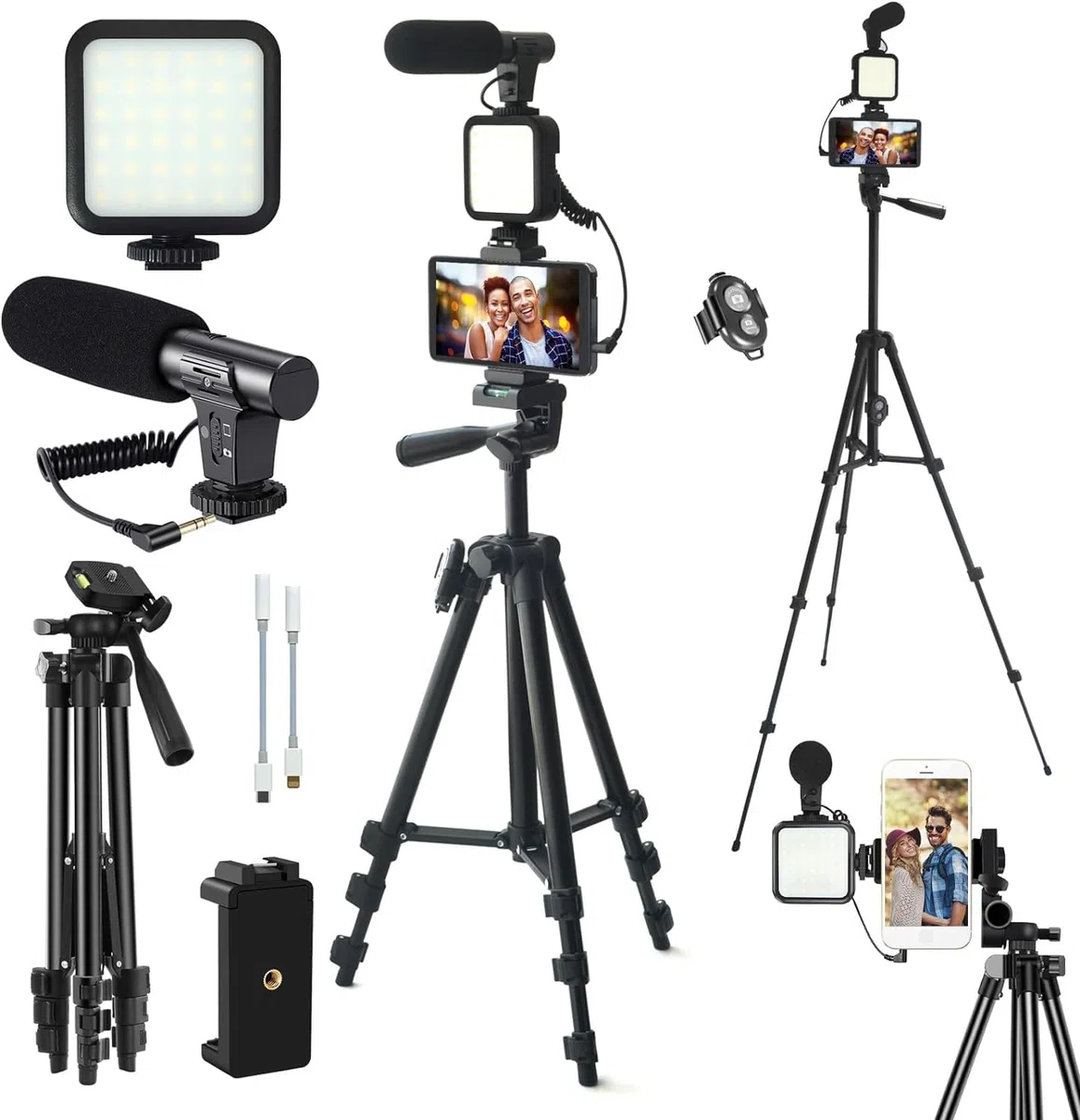 Kit per vlogging su YouTube, per iPhone/Androidphone/telecamere Supporto per telefono per registrazione video con treppiede estensibile/microfono/luce di riempimento/telecomando di cattura