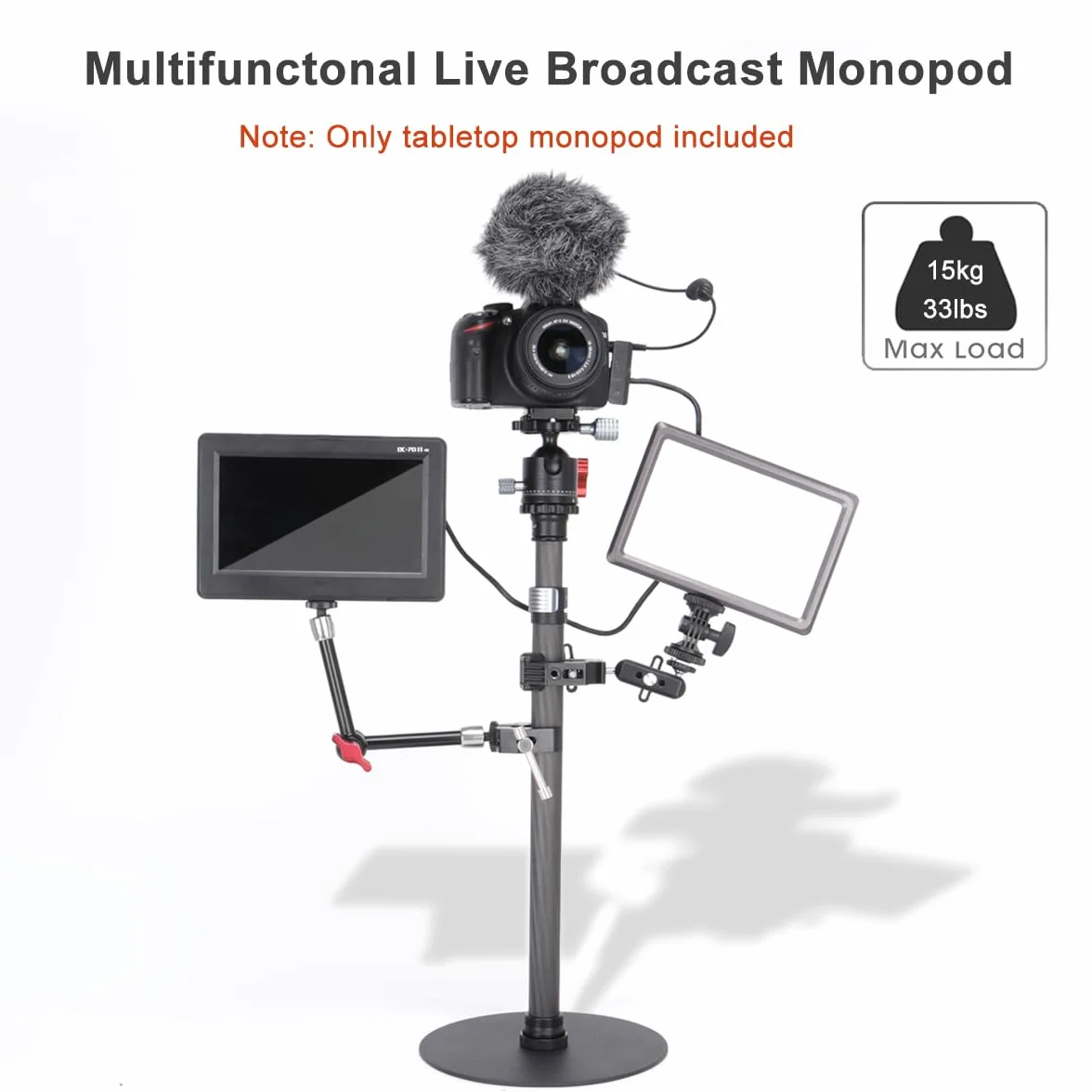 Koolehaoda Monopiede con Base Rotonda da 40-71cm, Monopiede da Tavolo, Tubo da 25mm in Fibra di Carbonio, Treppiede da Tavolo per Canon, Sony, Nikon Fotocamere e Luce Video (ST-2070)