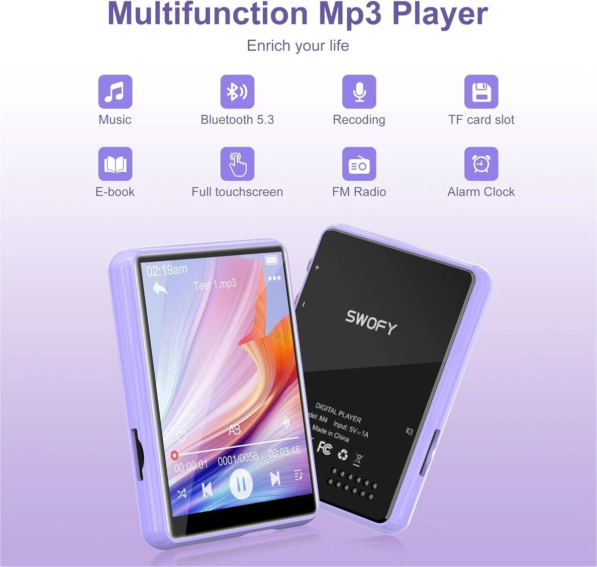 SWOFY Lettore MP3 Bluetooth 5.3, 64 GB HiFi MP3 con altoparlante, registratore radio FM, touchscreen da 2,4 pollici, mini lettore musicale per bambini, supporta fino a 128 GB TF card (viola)