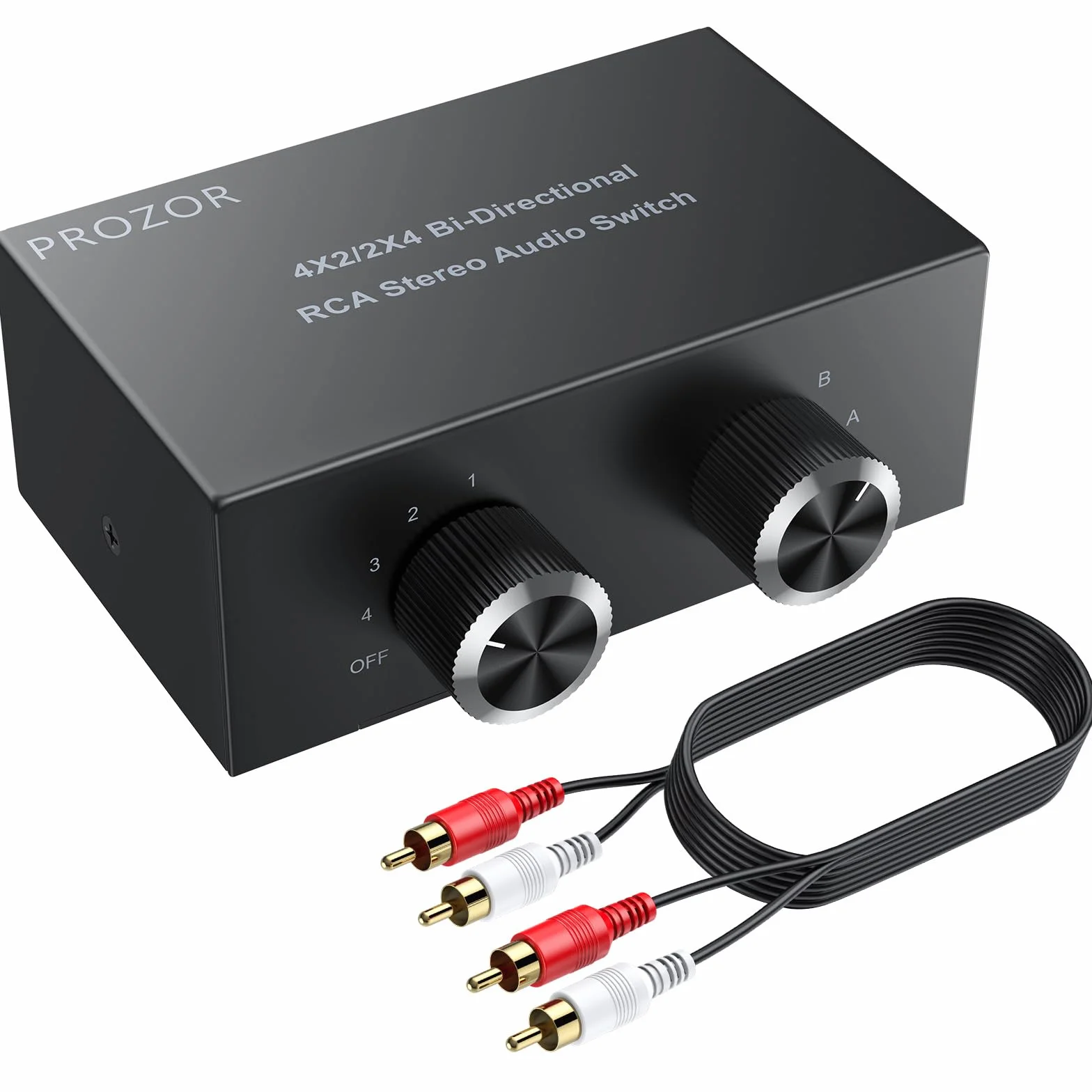 PROZOR Commutatore Audio RCA Bidirezionale 4x2 / 2x4 con 1.5m Cavo RCA Dorato Selettore Stereo L/R con Pulsante OFF, Stereo Audio Switch Bidirezionale per TV, Console, Amplificatore, Lettore DVD