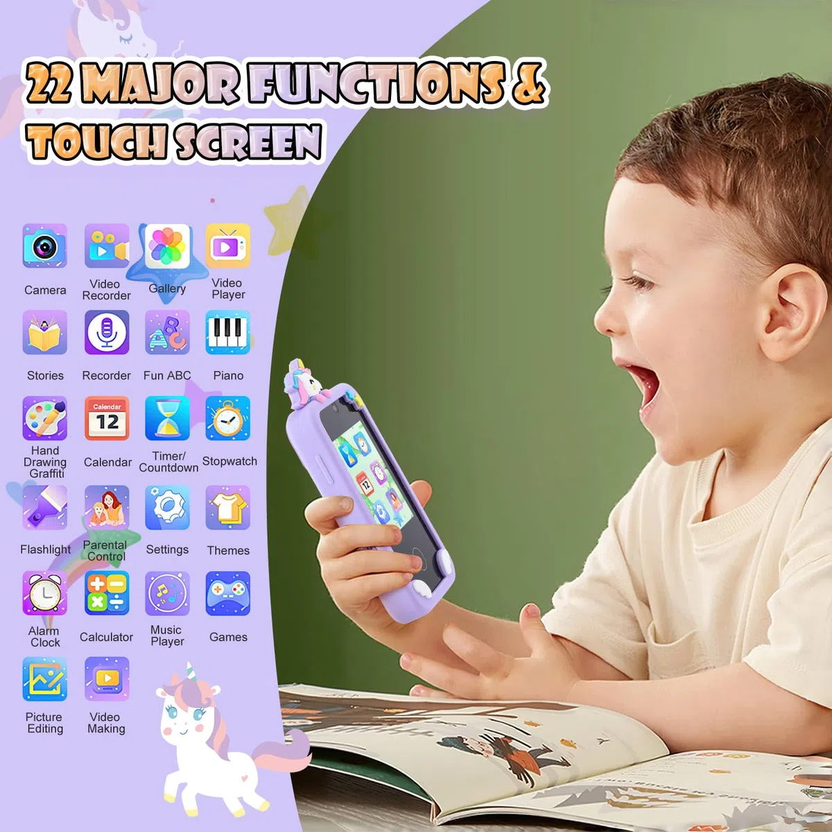 Cellulare per Bambini con Touchscreen Doppia Fotocamera Lettore Musicale MP3 Scheda TF 32 GB Cover in Silicone e Cordino per Ragazzi e Ragazze