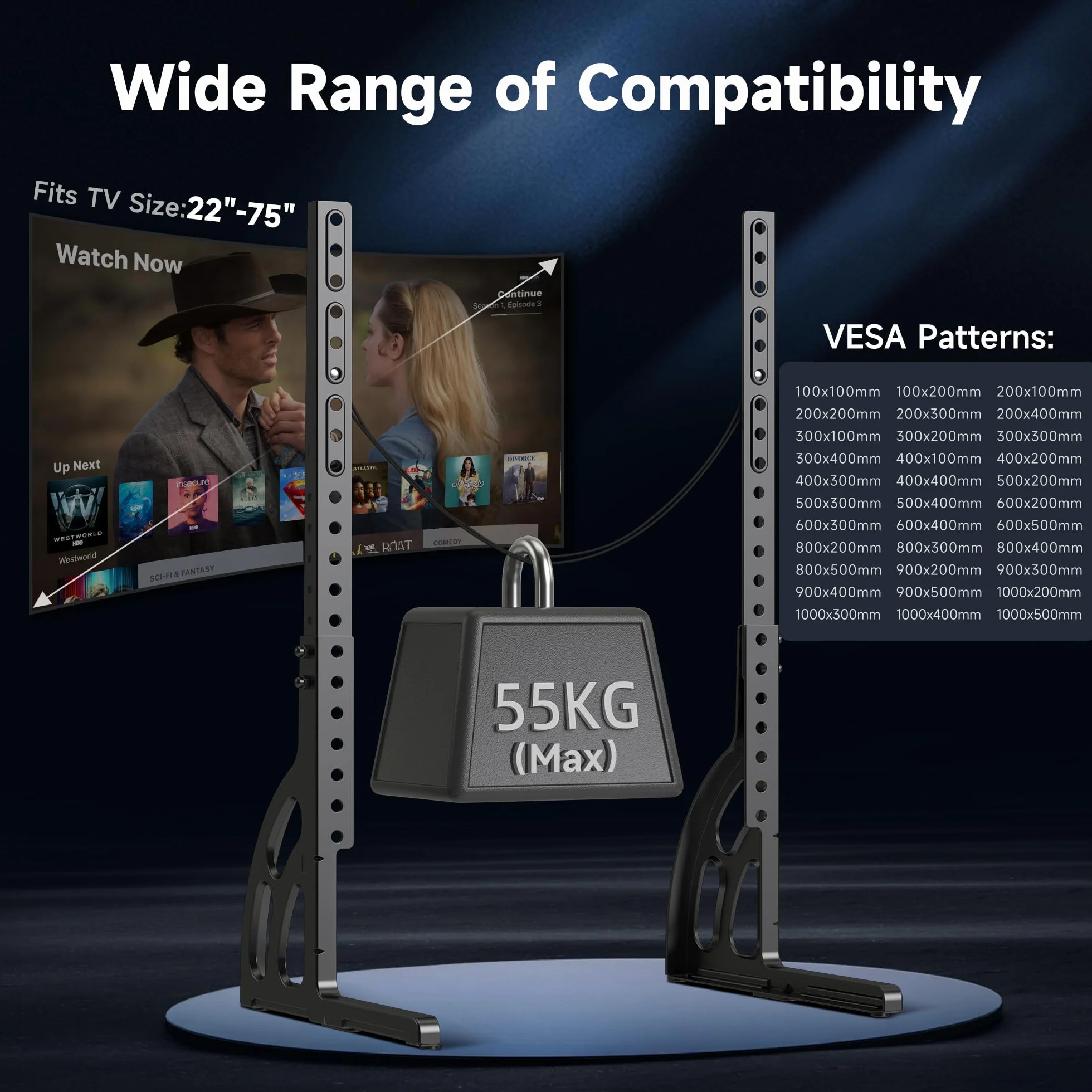 XINLEI Supporto TV universale per TV da 22 a 85 pollici, base in metallo anti-oscillazione, piedini di ricambio robusti e regolabili, VESA max. 1000 x 500 mm, capacità di carico di 55 kg ML1760E