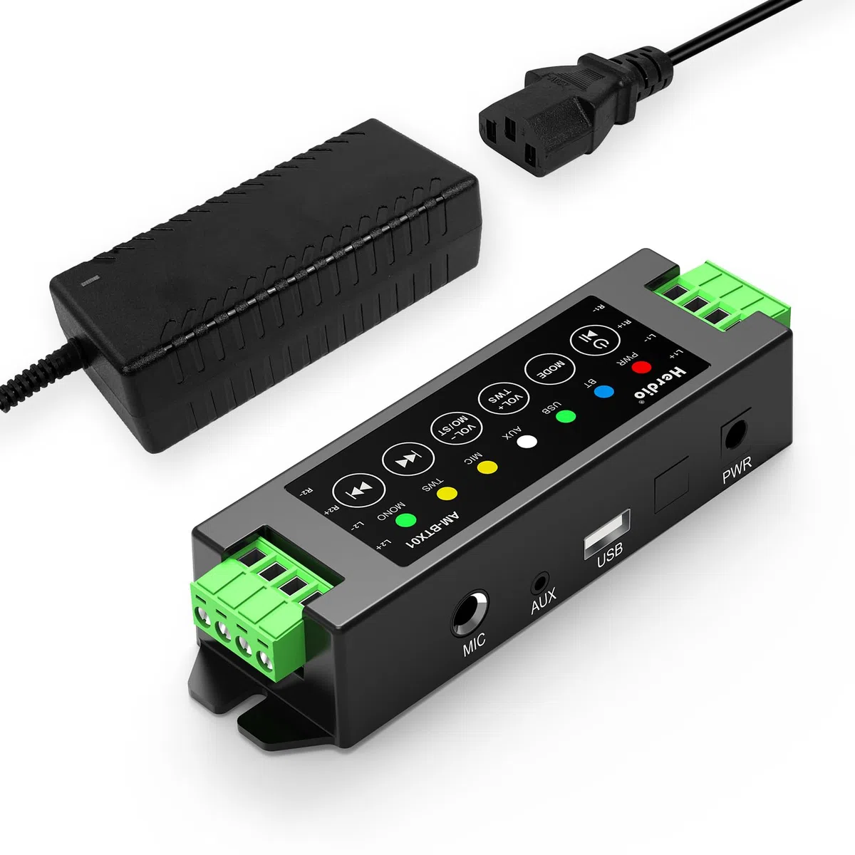 Herdio, Amplificatore 4-Canali Bluetooth 5.0, Ricevitore 120W di Potenza con Alimentatore 19V3A AC-DC, Montaggio a Parete, USB/MIC/AUX/TWS, per Casa/Garage/Soffitto/Altoparlanti Passivi