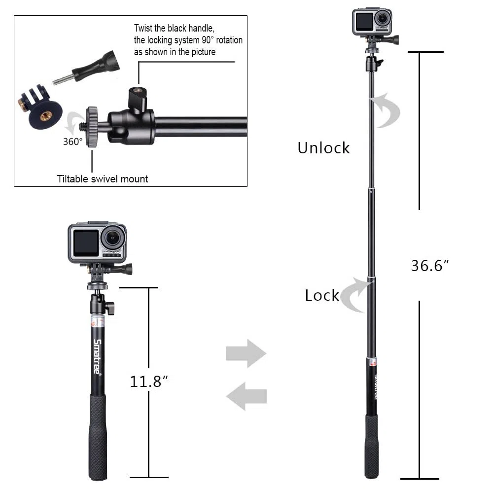 Smatree Q3S Bastone Selfie Monopiede Telescopico Allungabile con treppiede per GoPro Hero 2018, Hero 13/12/11/10/9/8/7/6/5/4/3+/3/2/1/Session/Insta 360/Ricoh Theta