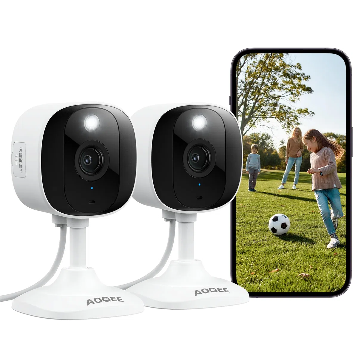 AOQEE Telecamera WiFi Interno, 2K Videocamera Sorveglianza Interno WiFi Wi-Fi Esterno, Impermeabile IP65, Visione Notturna a Colori, Rilevamento Umano, Registrazione Continua, Funziona Alexa, C1