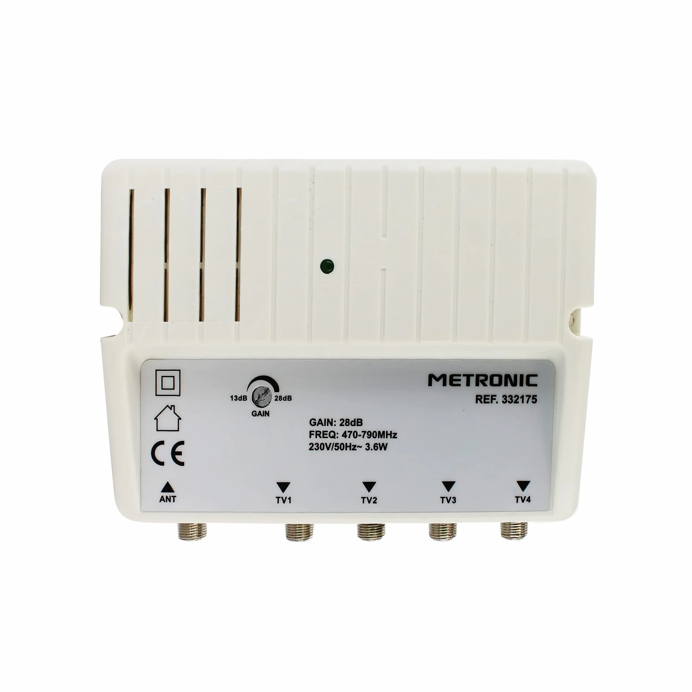 METRONIC 332175 Amplificatore splitter Antenna TV Digitale Terrestre Interno – Potenziatore di Segnale con Alimentatore, 26 dB, regolazione guadagno/4 uscite spina F – Blanco