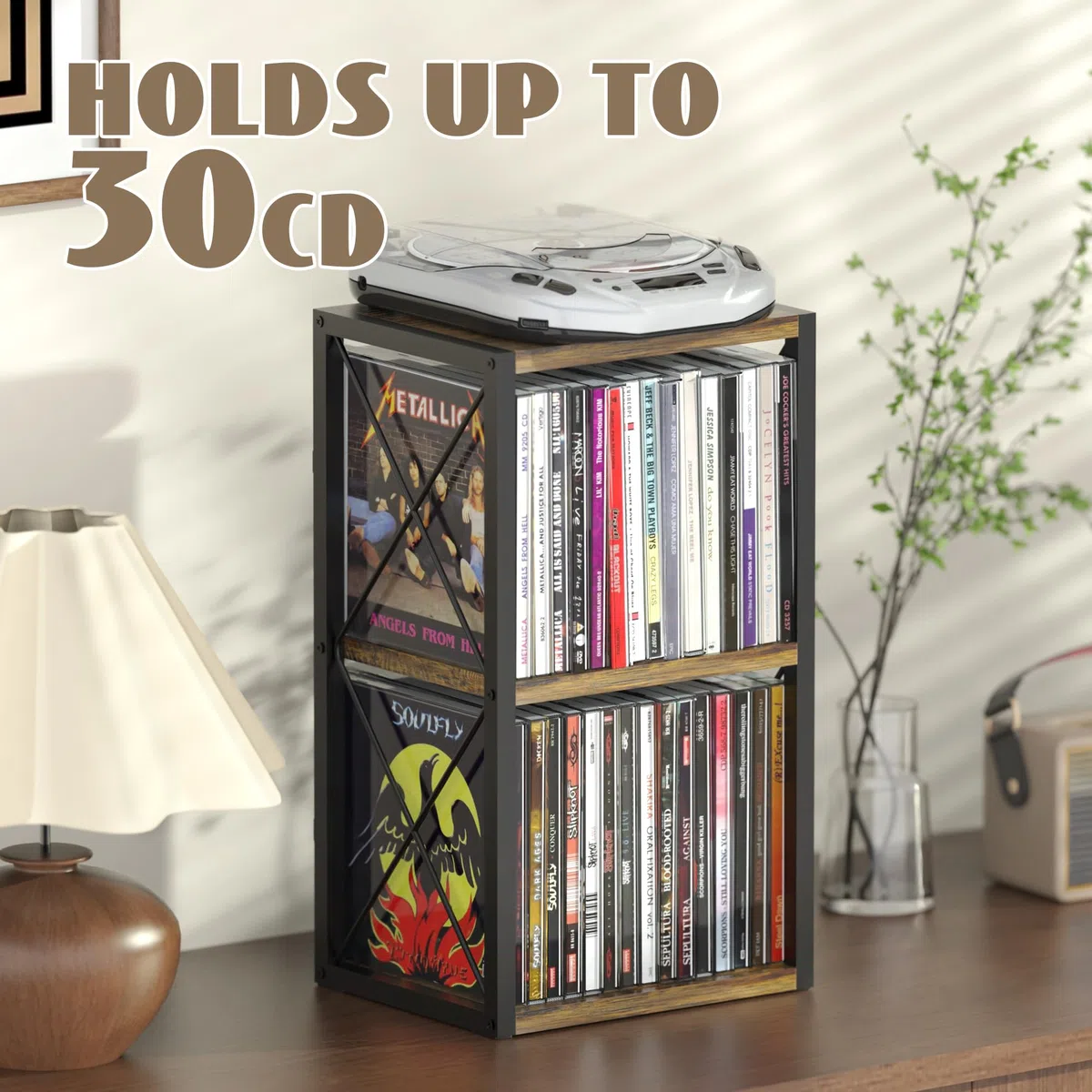 Alyoen Organizer per CD a 2 ripiani, in legno, può contenere fino a 30 CD, porta CD per esposizione, ripiano per CD di alta qualità per casa e ufficio, ideale per gli appassionati di musica