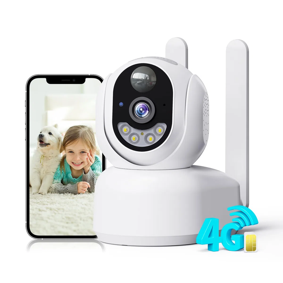 4G LTE Telecamera Interno con SIM, 2K Videocamera Sorveglianza Senza Fili Indoor, 360° PTZ Telecamera Senza WiFi con Visione Notturna a Colori, PIR Rilevamento, Audio 2 Vie, IP66