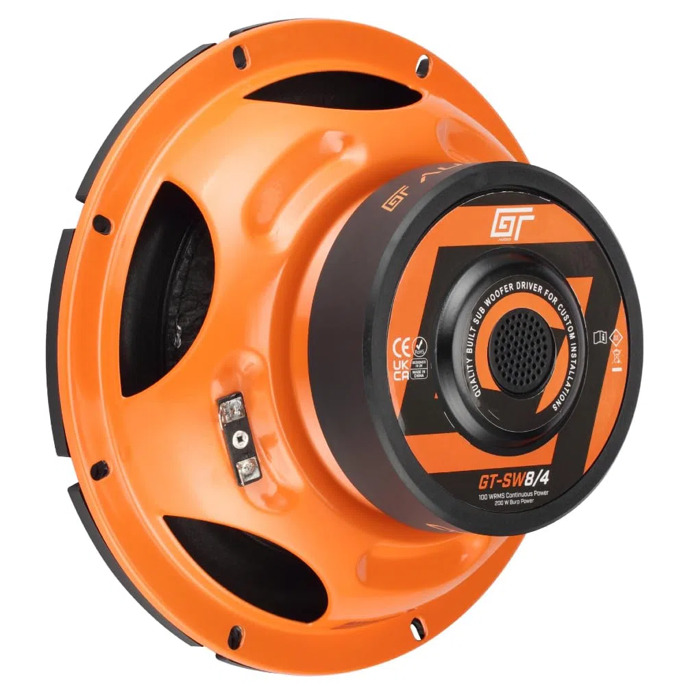 KIT SET PER BASS FACE GT AUDIO GT-SW8/4 1 subwoofer 20 cm 200 mm 8" da 100 watt rms 200 watt max doppia bobina da 4+4 ohm dvc dual voice coil per cofano bagagliaio auto, 1 pezzo