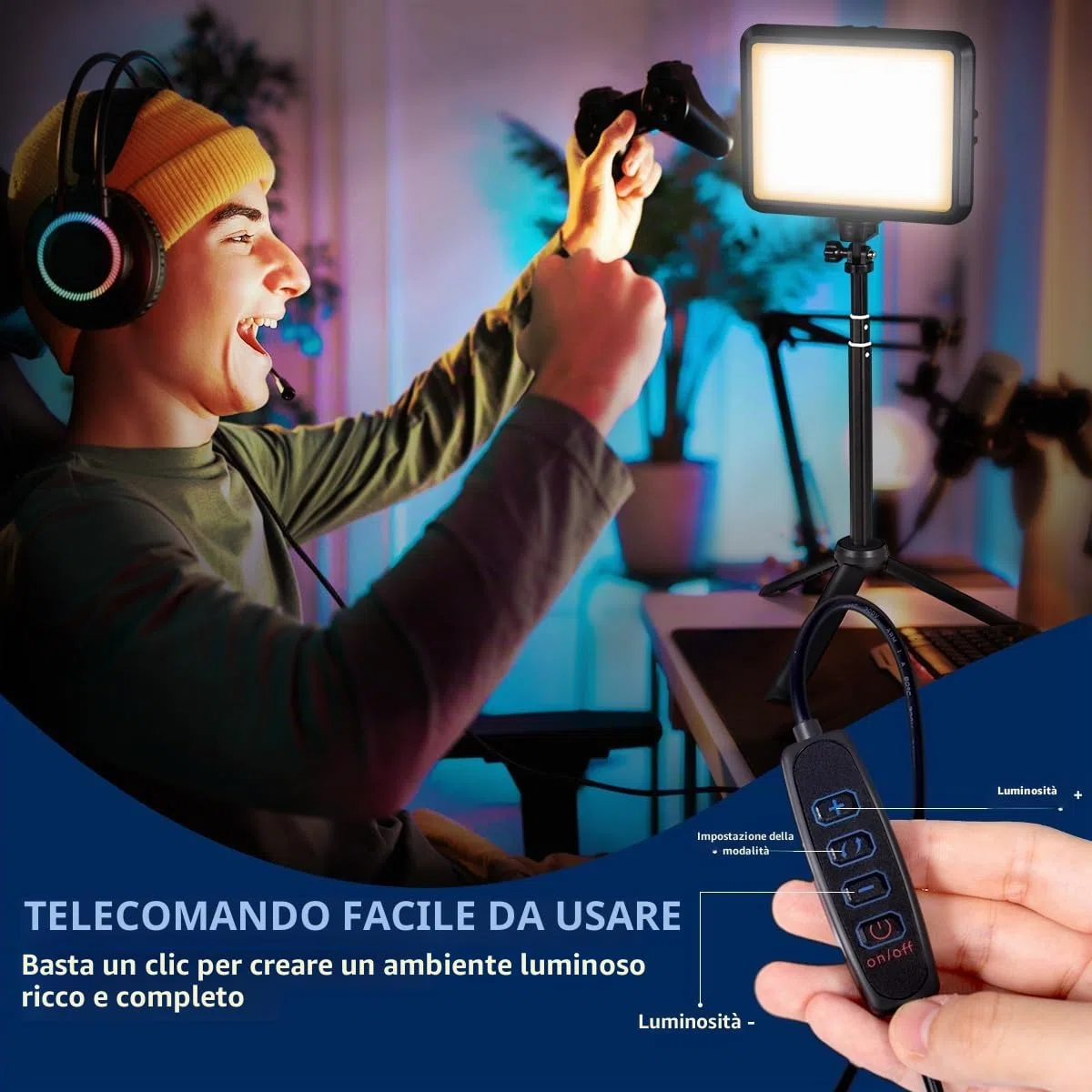 Kit di illuminazione per fotografia, 2 confezioni di luci video da tavolo a LED 2800K-6500K per riprese/zoom/giochi/streaming/TikTok, luce dimmerabile da 14 * 18 cm con 40-60 cm treppiede NV-8InTPLT2P