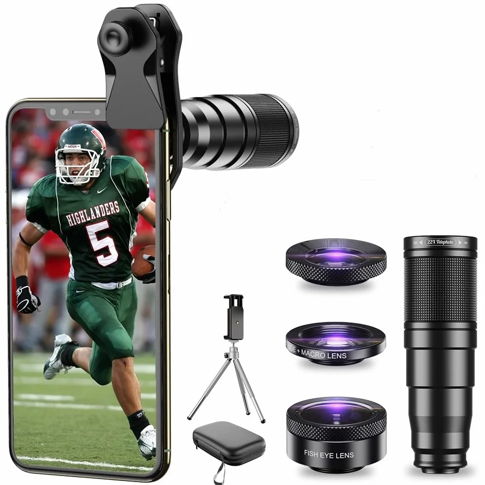 Apexel Kit di obiettivi per telefono, kit di obiettivi 4 in 1 per fotocamera, teleobiettivo 22x, obiettivo fisheye 205°, obiettivo grandangolare 120°, obiettivo macro 20x, treppiede e scatto remoto
